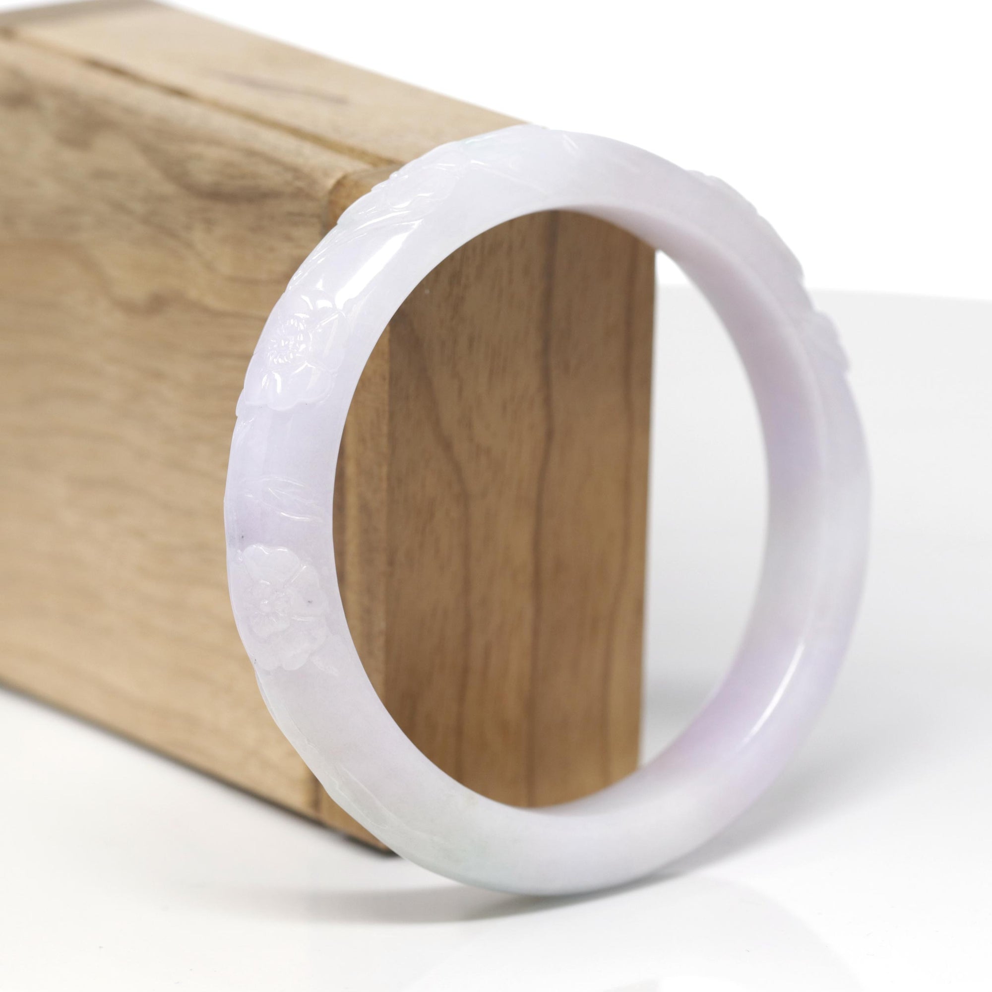 Baikalla Cherry Blossom Carving Natural Light Lavender Jadeite Jade "Half Round" Bangle Bracelet (58.4mm) 