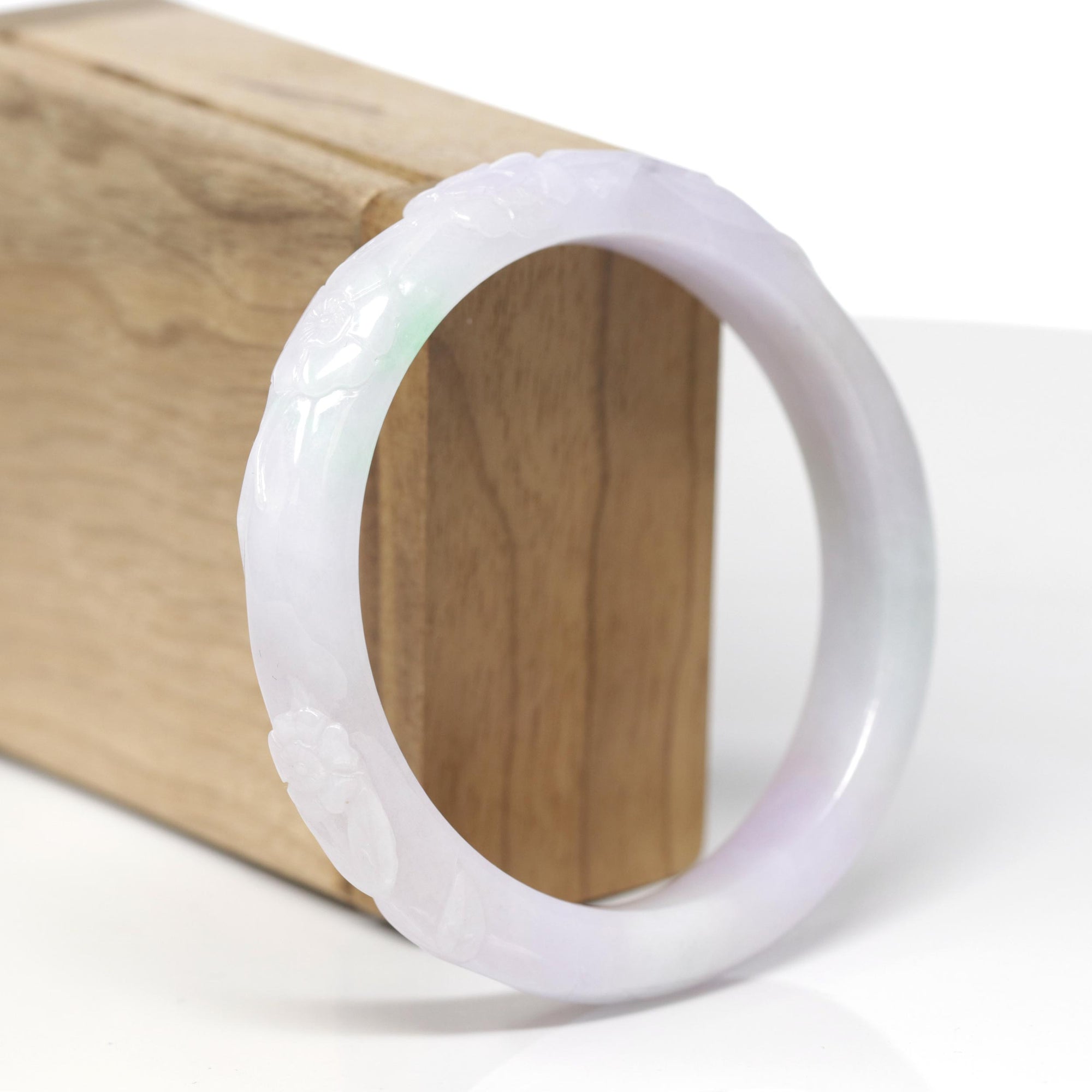 Baikalla Cherry Blossom Carving Natural Light Lavender Jadeite Jade "Half Round" Bangle Bracelet (58.4mm) 