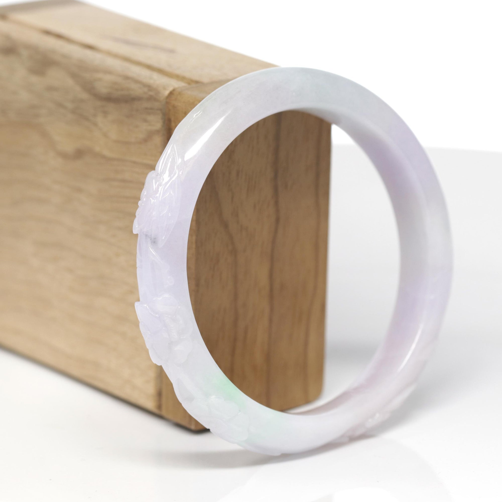 Baikalla Cherry Blossom Carving Natural Light Lavender Jadeite Jade "Half Round" Bangle Bracelet (58.4mm) 