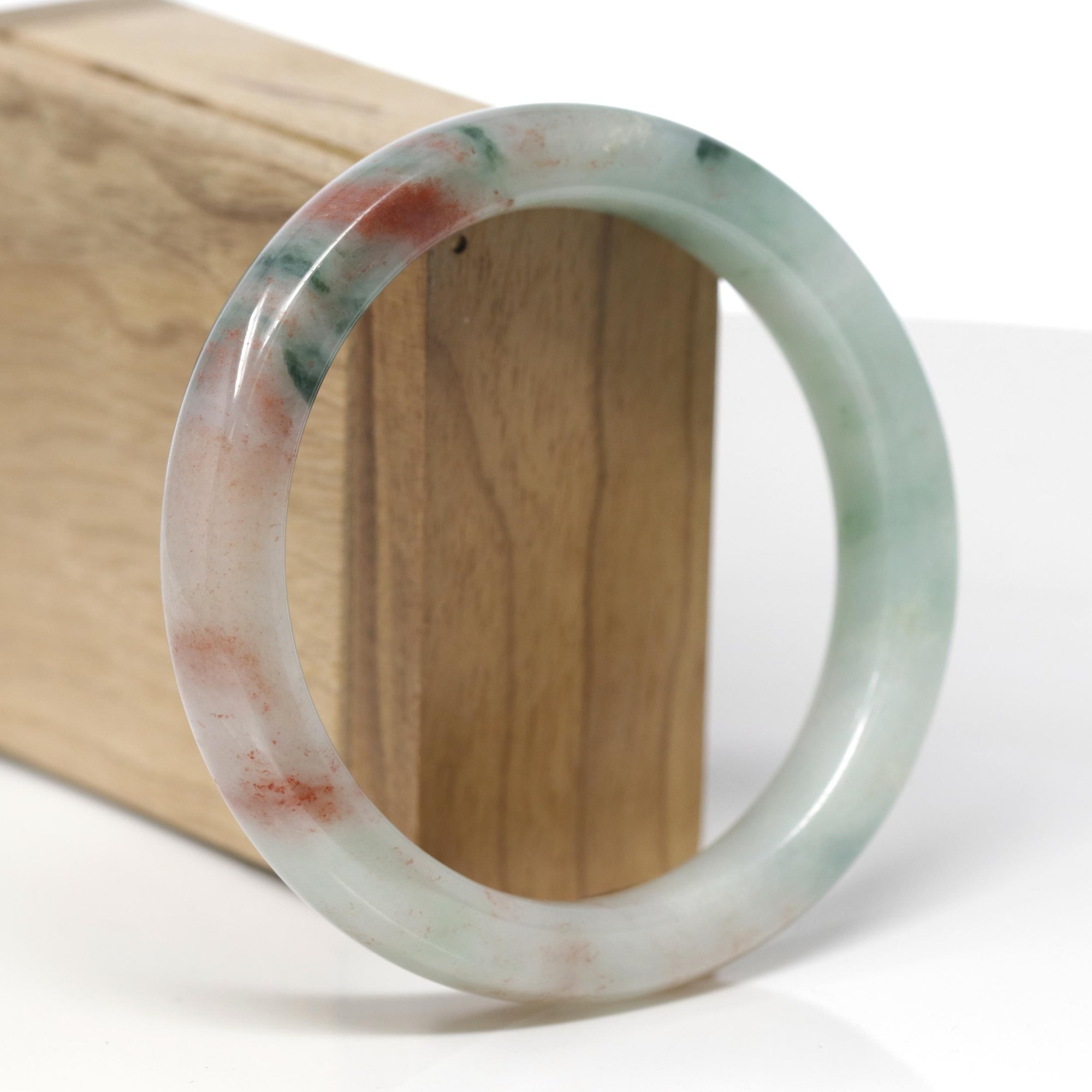 High-End Natural Green &amp; Red Flower Jadeite Jade "Square Cut" Bangle Bracelet (61mm) 