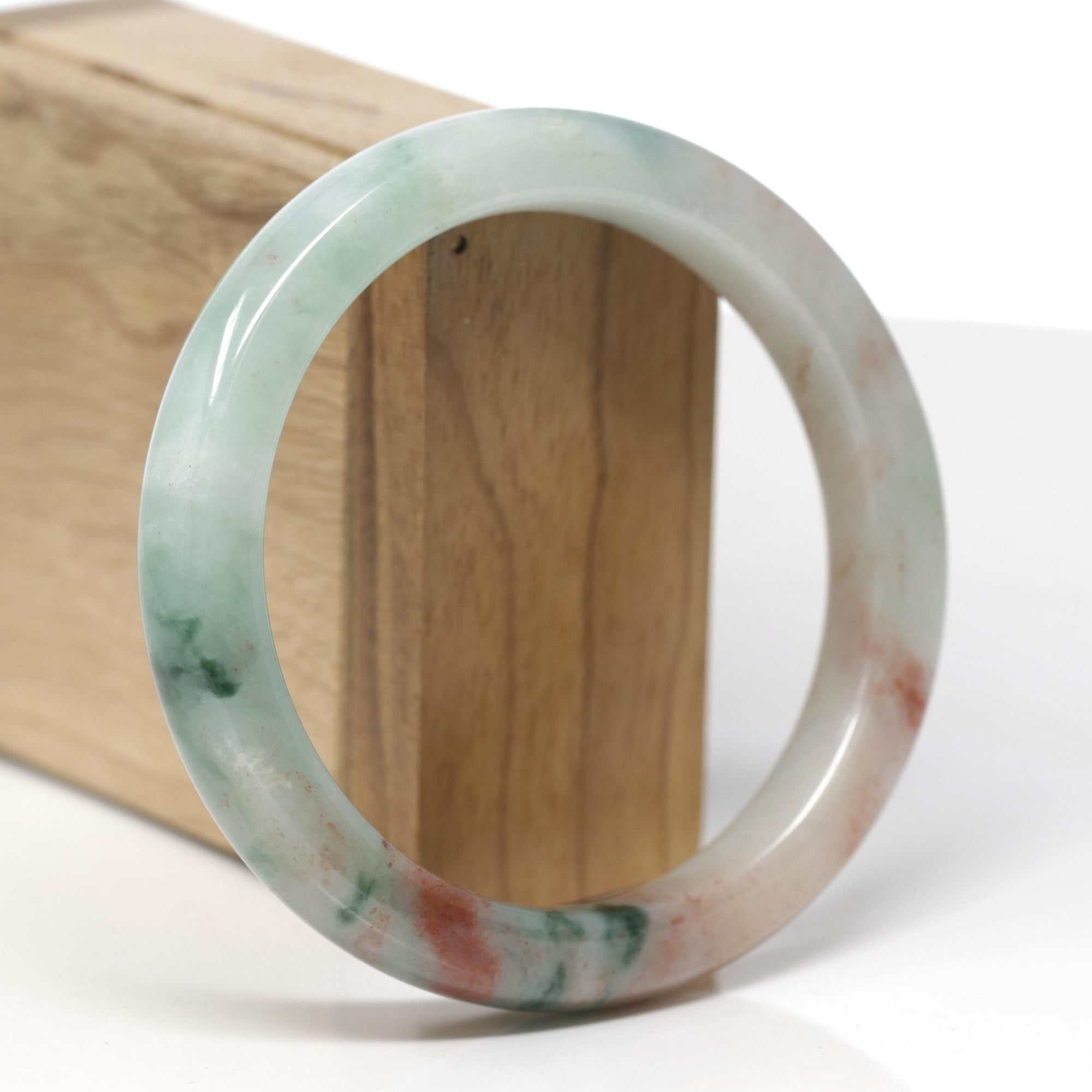 High-End Natural Green &amp; Red Flower Jadeite Jade "Square Cut" Bangle Bracelet (61mm) 