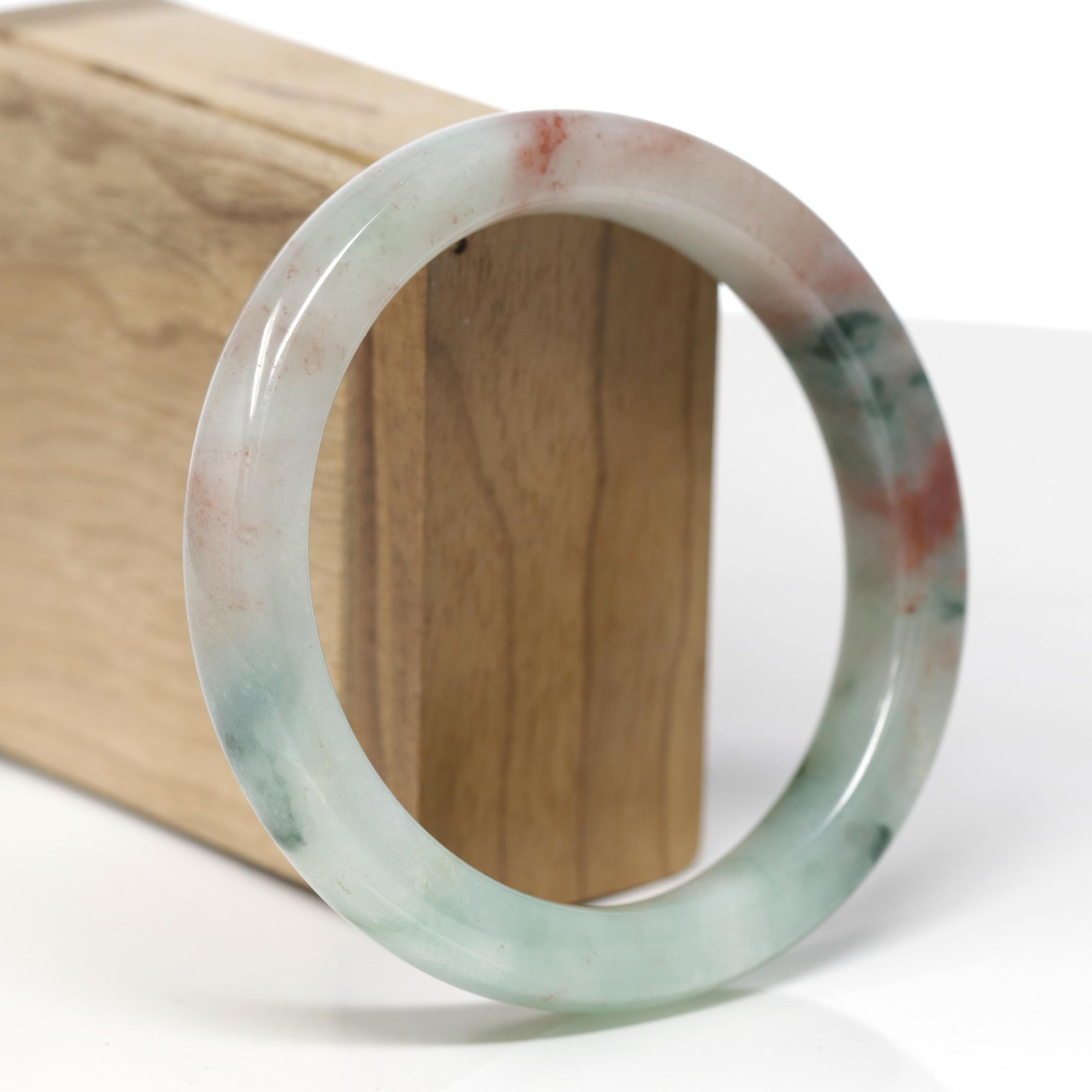 High-End Natural Green &amp; Red Flower Jadeite Jade "Square Cut" Bangle Bracelet (61mm) 