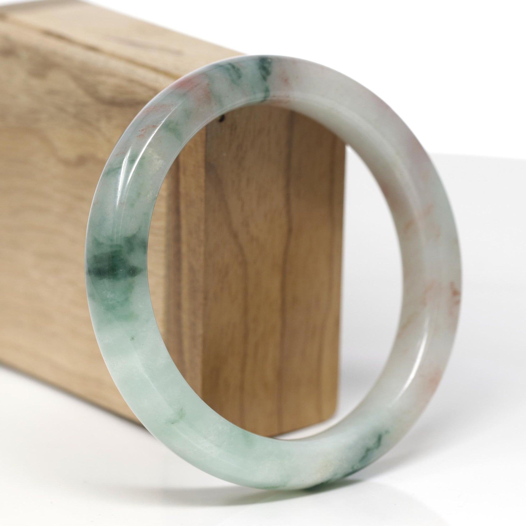 High-End Natural Green &amp; Red Flower Jadeite Jade "Square Cut" Bangle Bracelet (61mm) 