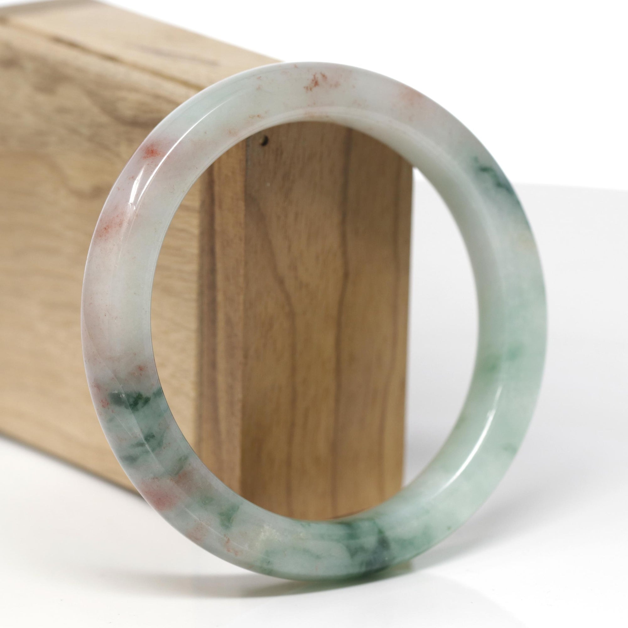 High-End Natural Green &amp; Red Flower Jadeite Jade "Square Cut" Bangle Bracelet (61mm) 