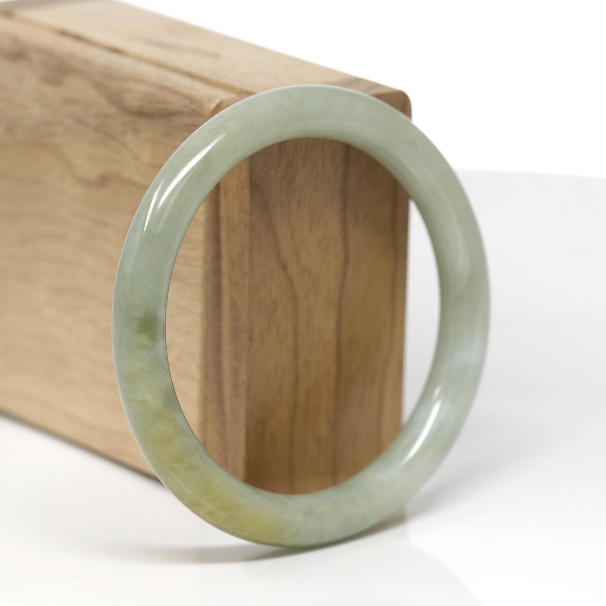 Baikalla Natural Oil-Green W/ Yellow Patch Jadeite Jade "Traditional Round" Bangle Bracelet (56.8mm) 