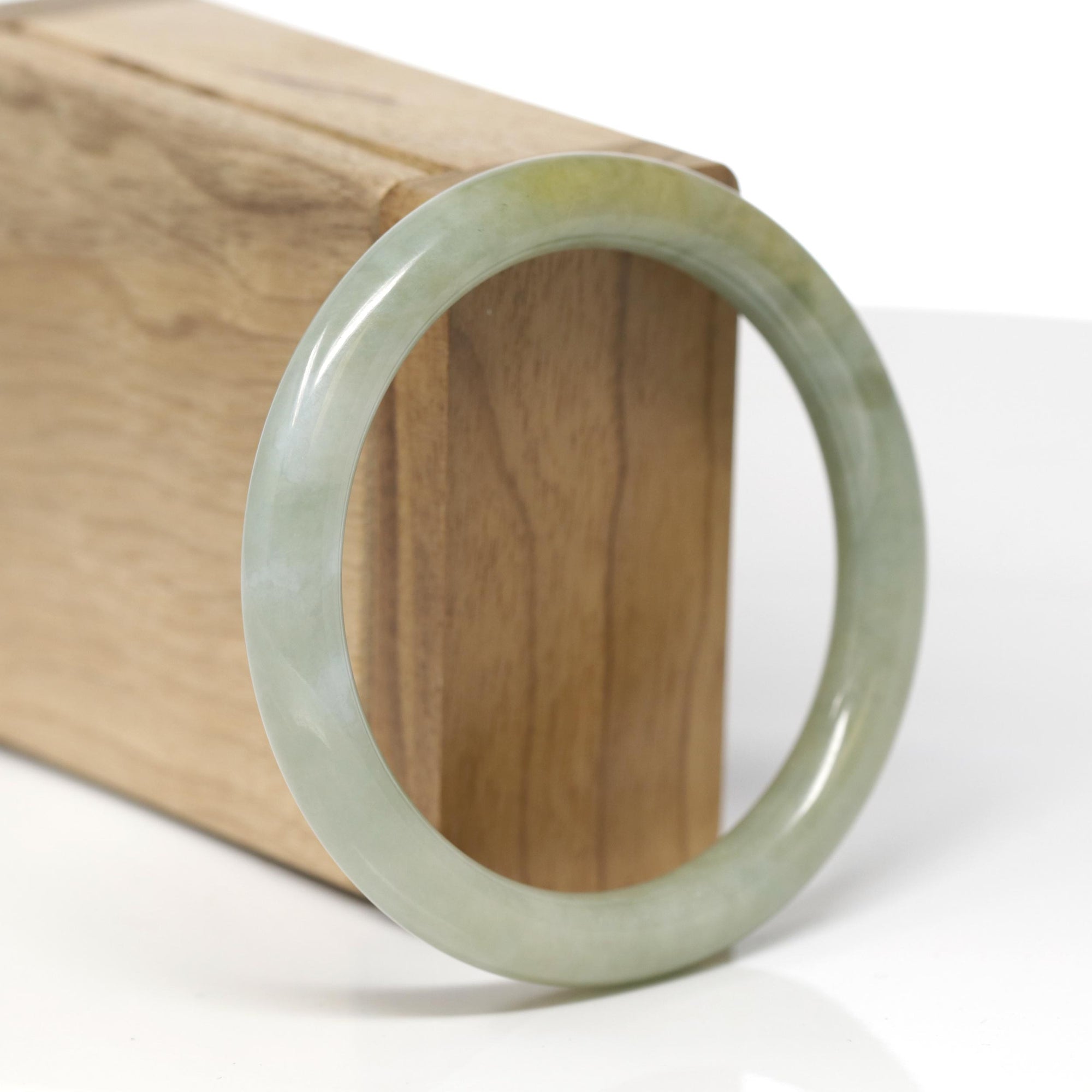 Baikalla Natural Oil-Green W/ Yellow Patch Jadeite Jade "Traditional Round" Bangle Bracelet (56.8mm) 