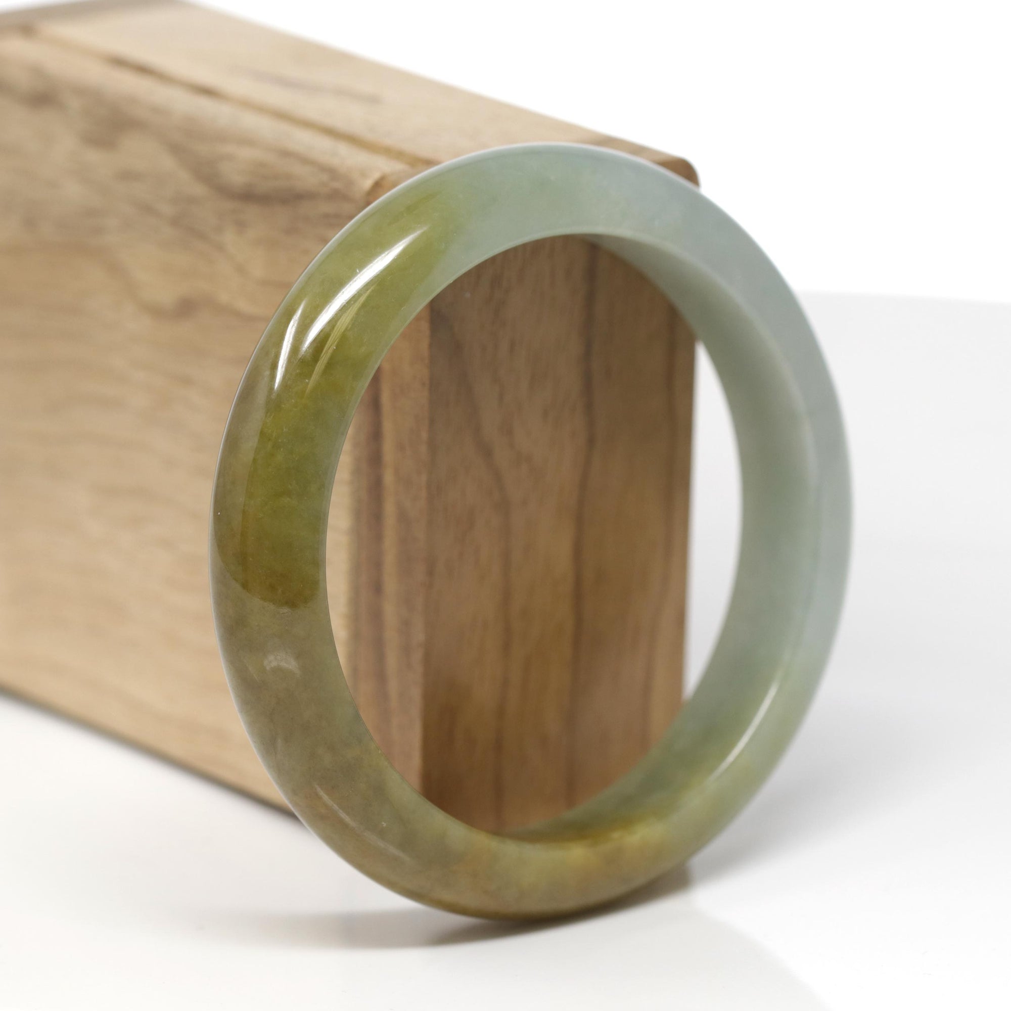 Baikalla Natural Oil-Green &amp; Yellow-Green Jadeite Jade "Half Round" Bangle Bracelet (57.7mm) 