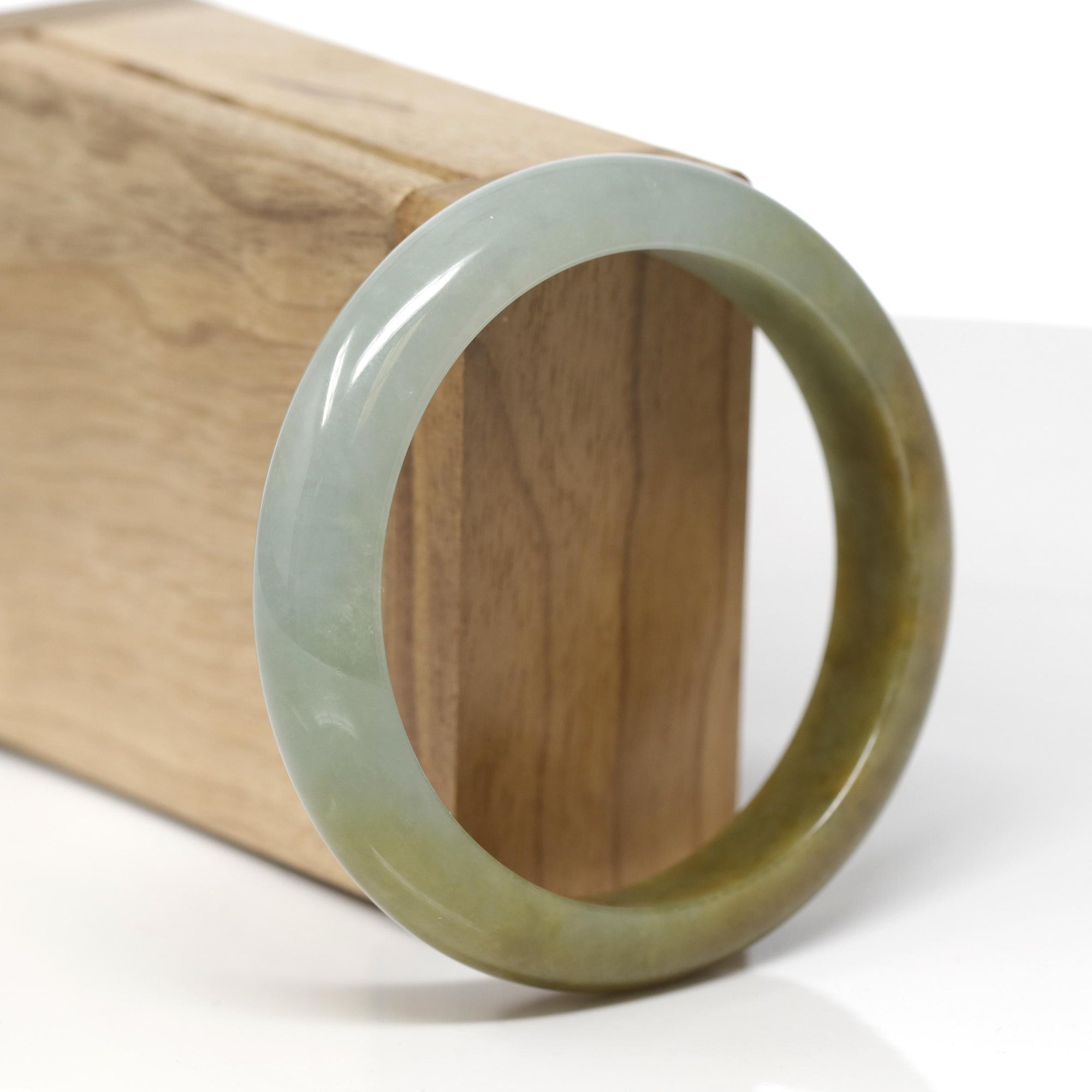Baikalla Natural Oil-Green &amp; Yellow-Green Jadeite Jade "Half Round" Bangle Bracelet (57.7mm) 