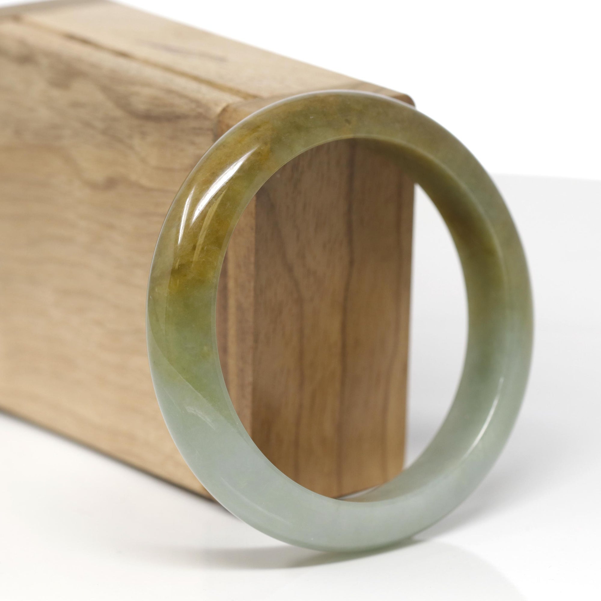 Baikalla Natural Oil-Green &amp; Yellow-Green Jadeite Jade "Half Round" Bangle Bracelet (57.7mm) 