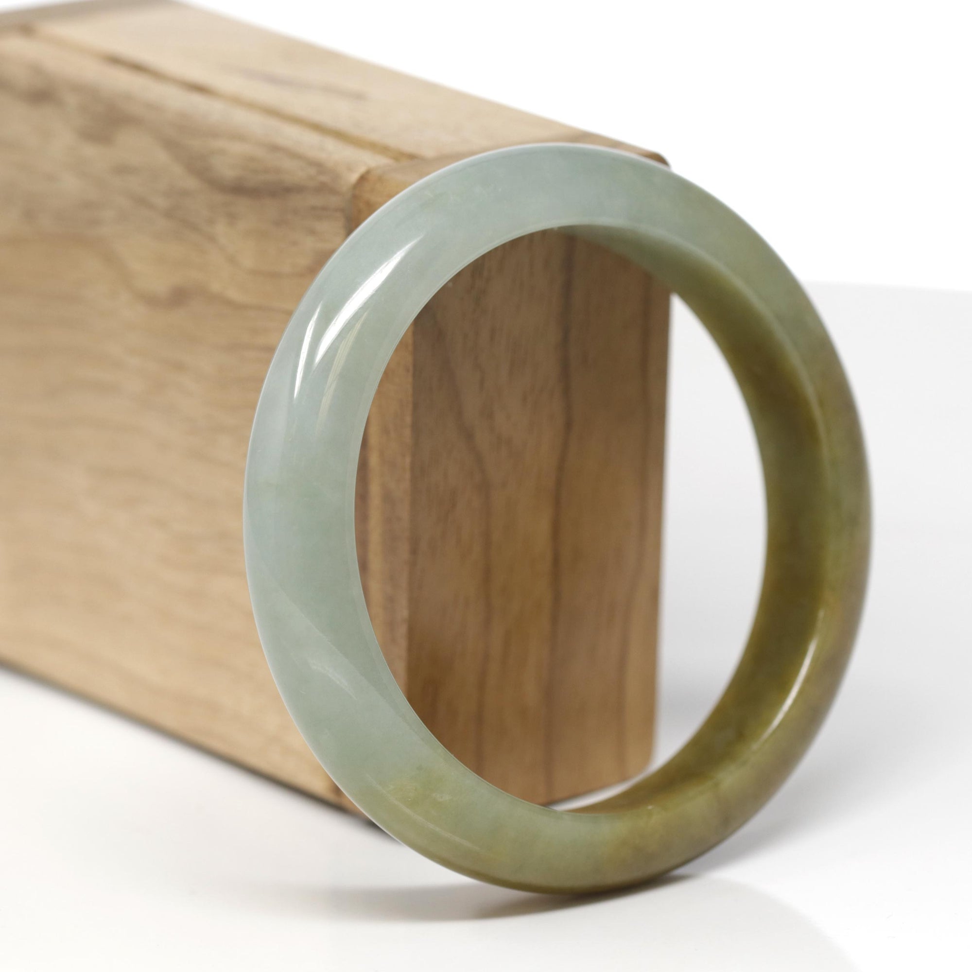 Baikalla Natural Oil-Green &amp; Yellow-Green Jadeite Jade "Half Round" Bangle Bracelet (57.7mm) 
