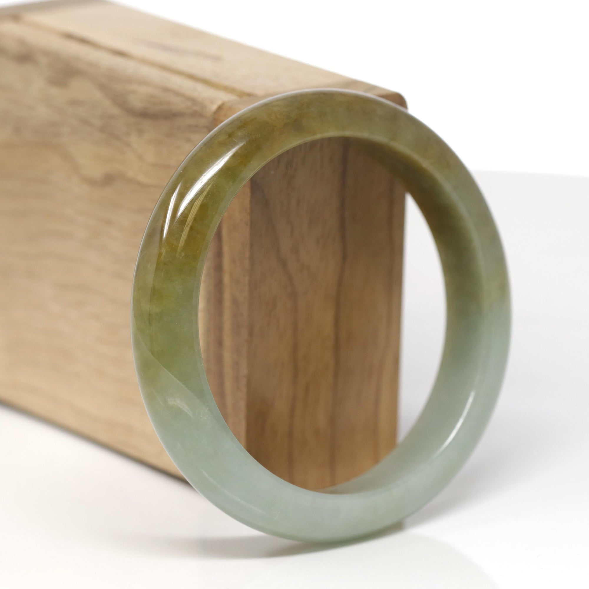 Baikalla Natural Oil-Green &amp; Yellow-Green Jadeite Jade "Half Round" Bangle Bracelet (57.7mm) 