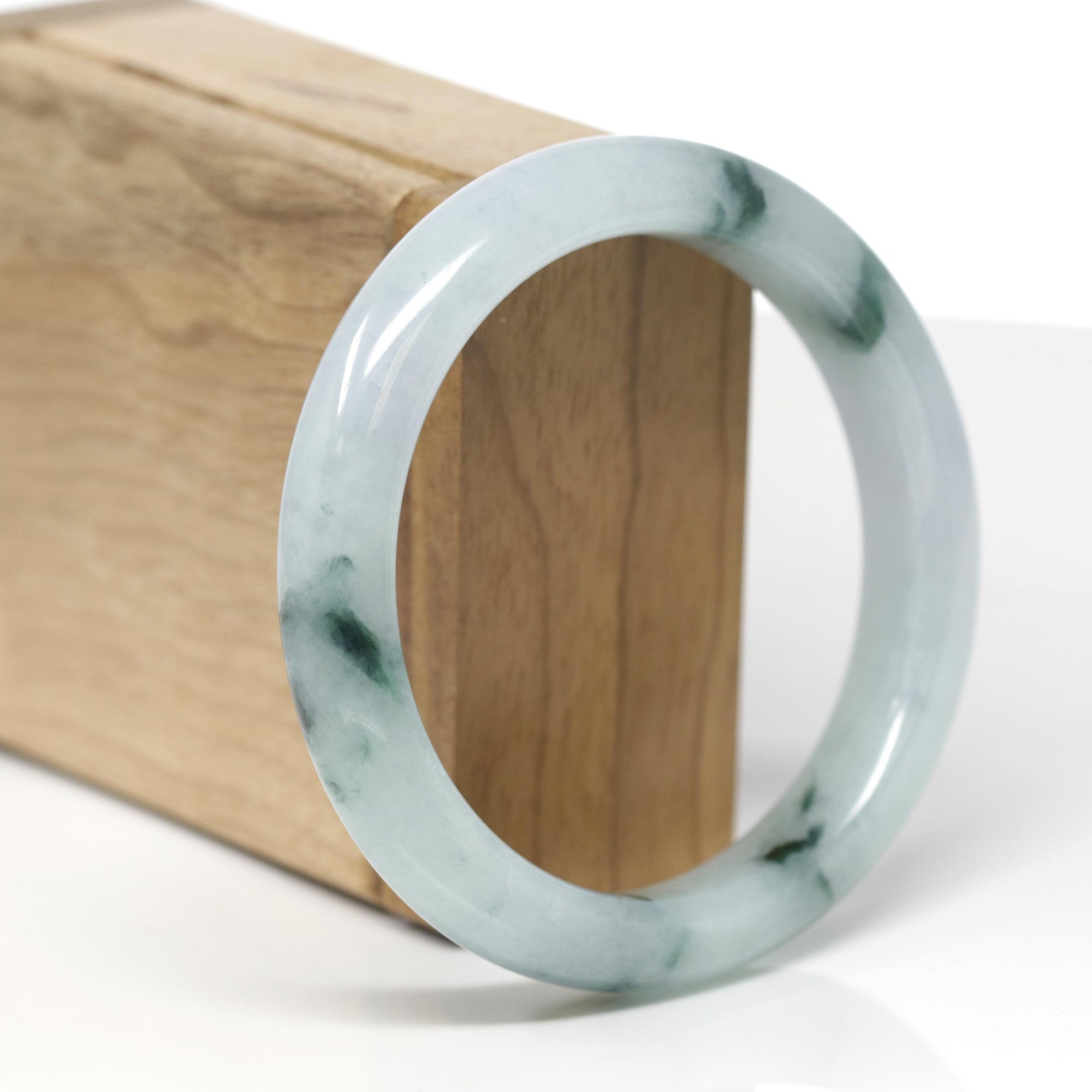 Baikalla Natural Icy Blue-Green Flowers Jadeite Jade "Half Round" Bangle Bracelet (58mm) 