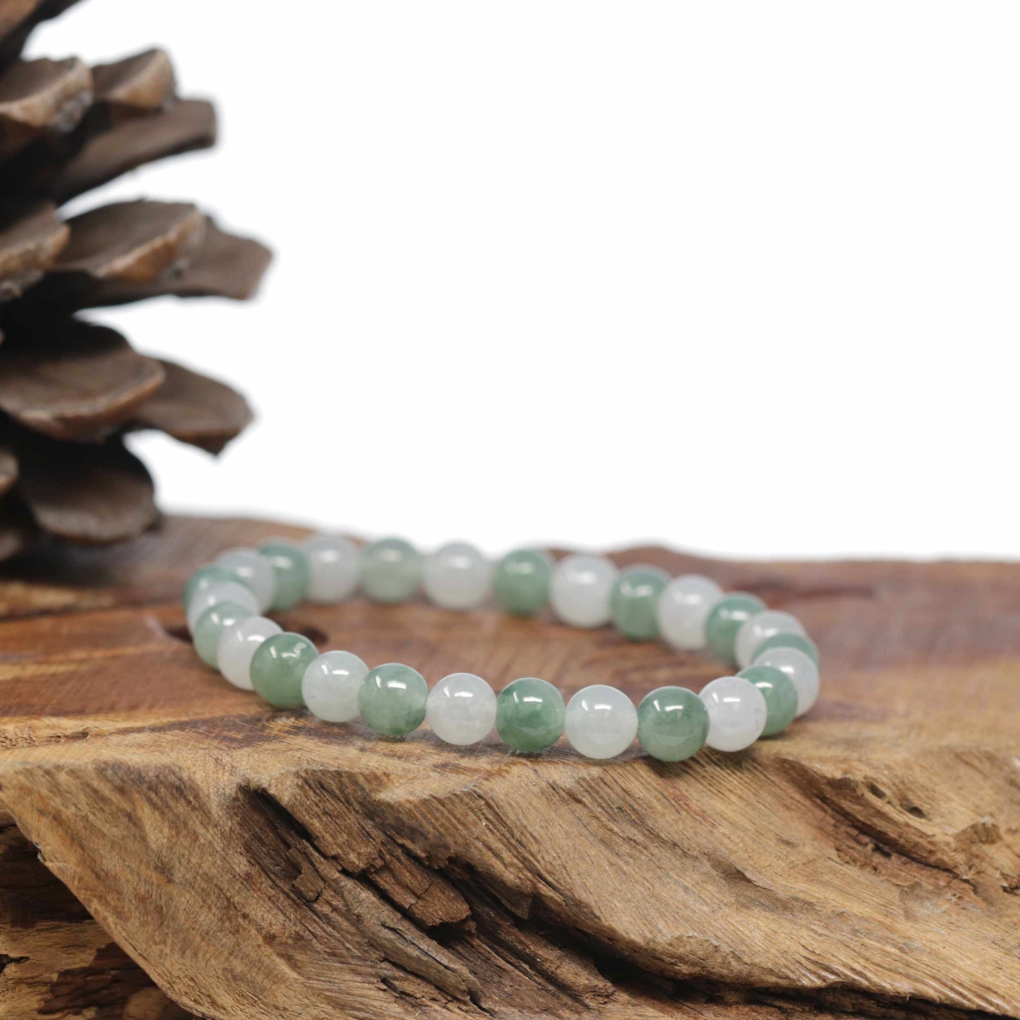 Baikalla Natural Icy Forest-Green &amp; Icy Jadeite Jade Round Bead Bracelet (7mm)