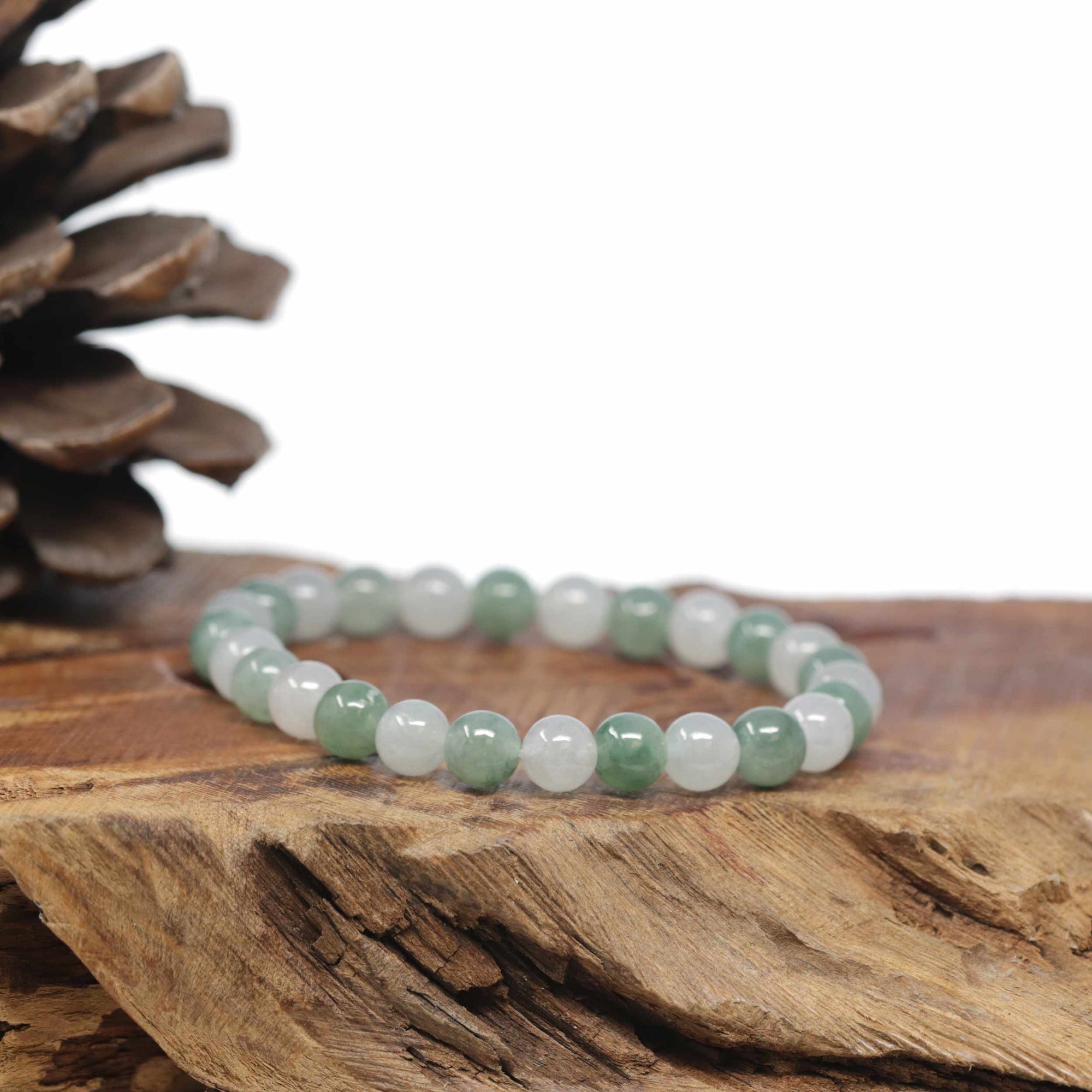 Baikalla Natural Icy Forest-Green &amp; Icy Jadeite Jade Round Bead Bracelet (7mm)