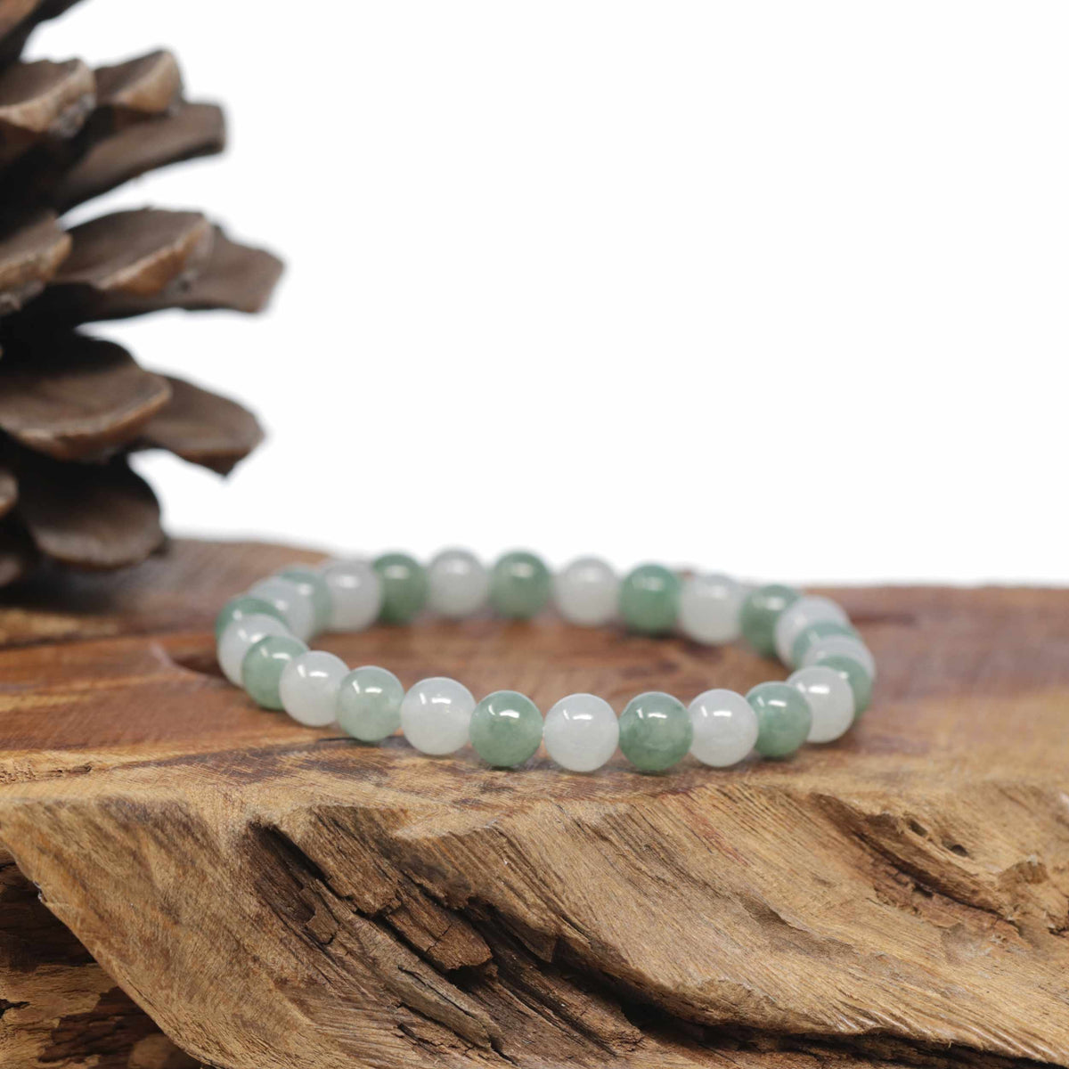 Baikalla Natural Icy Forest-Green &amp; Icy Jadeite Jade Round Bead Bracelet (7mm)
