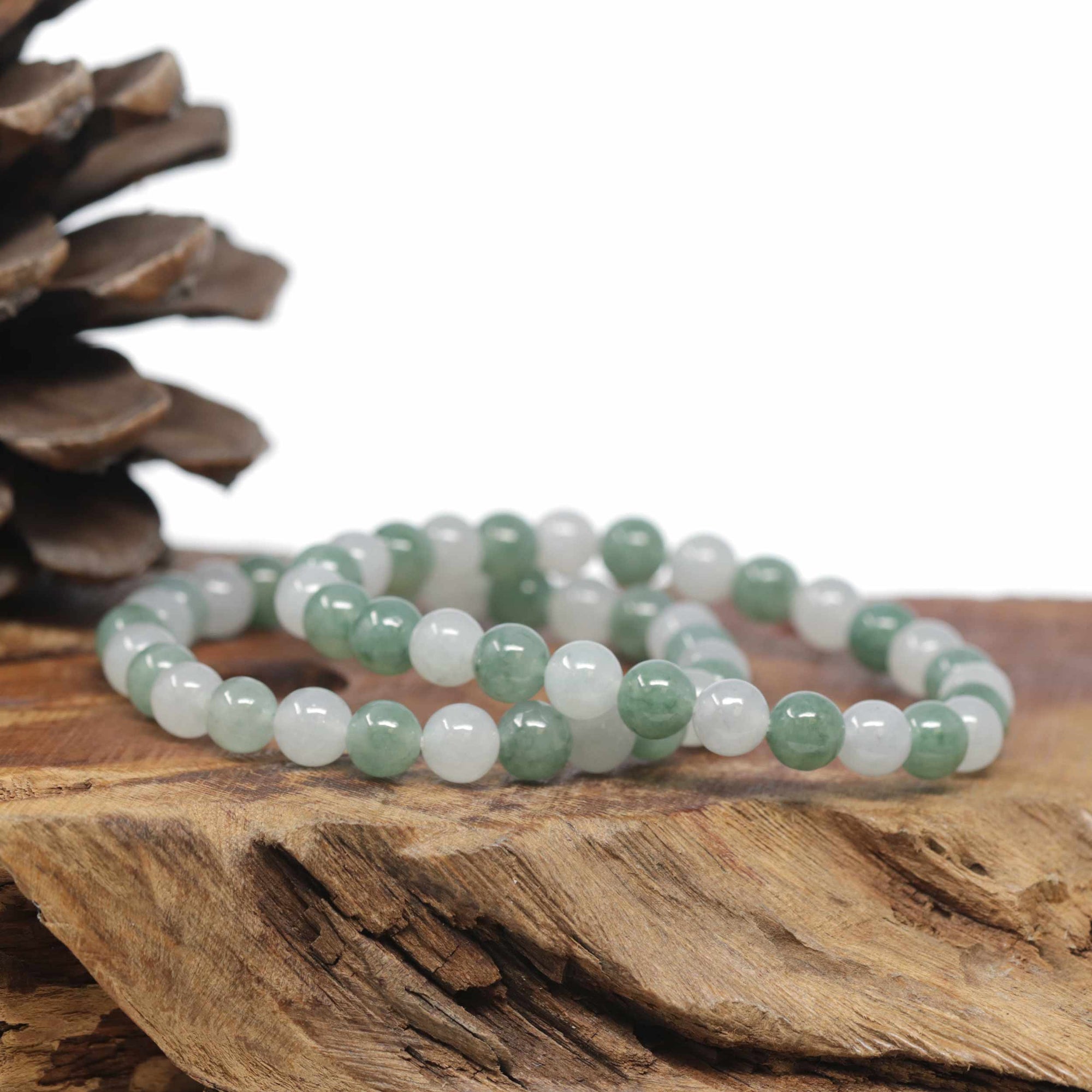 Baikalla Natural Icy Forest-Green &amp; Icy Jadeite Jade Round Bead Bracelet (7mm)