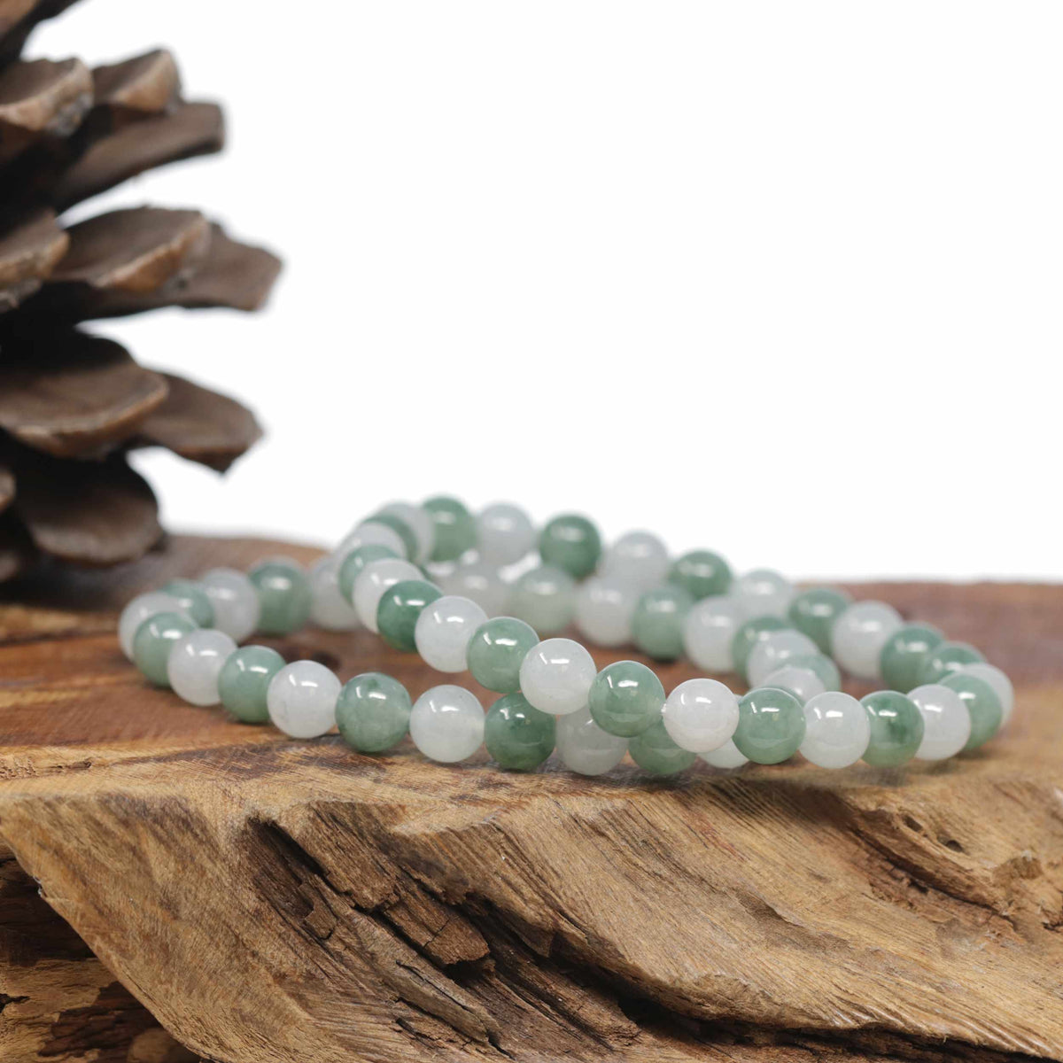 Baikalla Natural Icy Forest-Green &amp; Icy Jadeite Jade Round Bead Bracelet (7mm)