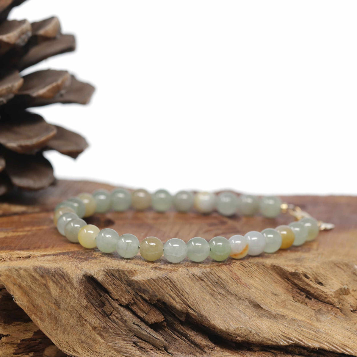 Baikalla Natural Icy Multi-Color Jadeite Jade Round Bead Bracelet W/ 18ky Gold Clasp (6.5mm)