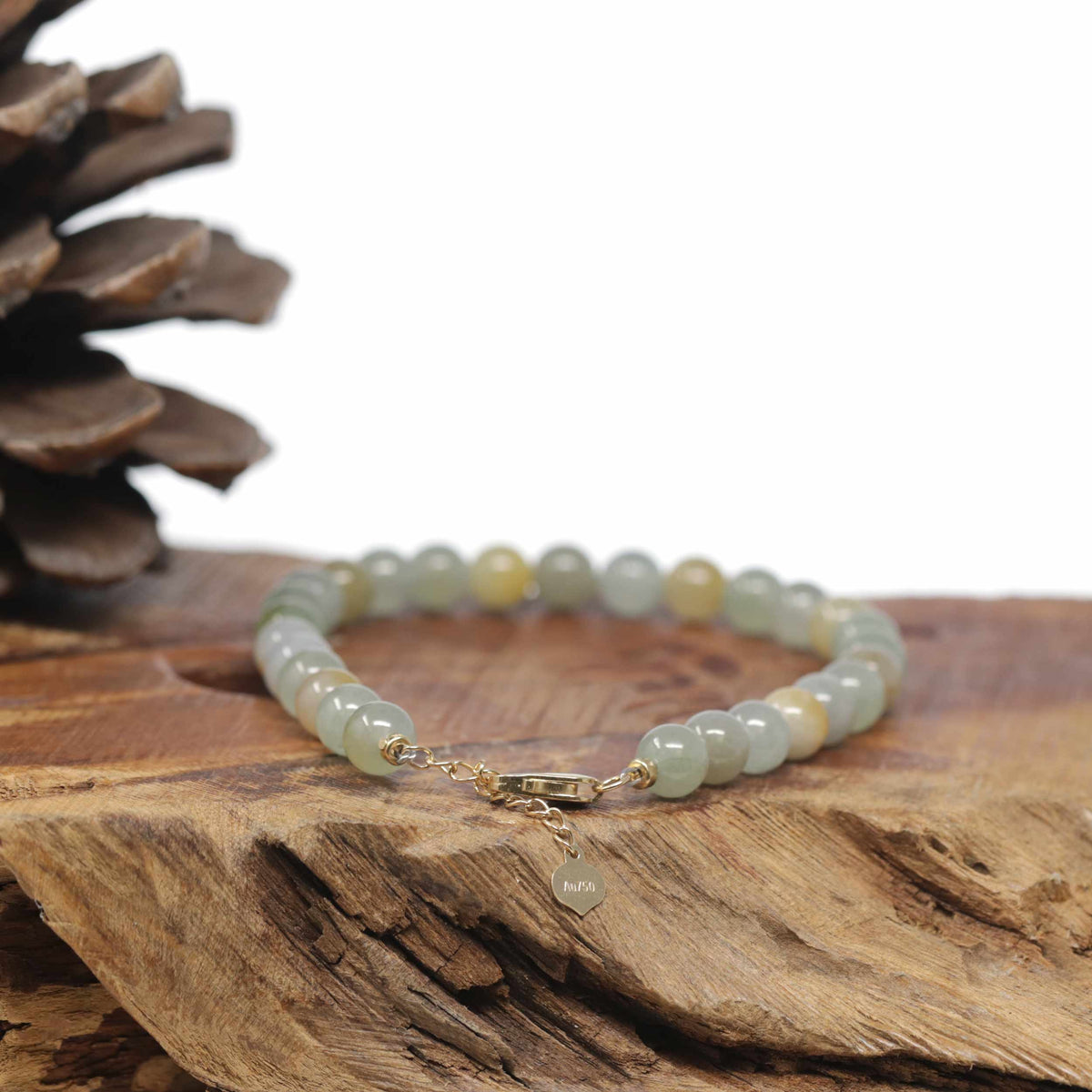 Baikalla Natural Icy Multi-Color Jadeite Jade Round Bead Bracelet W/ 18ky Gold Clasp (6.5mm)