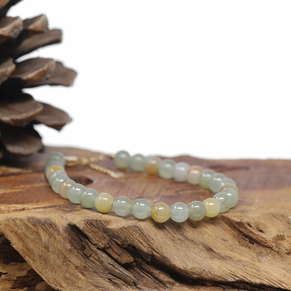 Baikalla Natural Icy Multi-Color Jadeite Jade Round Bead Bracelet W/ 18ky Gold Clasp (6.5mm)