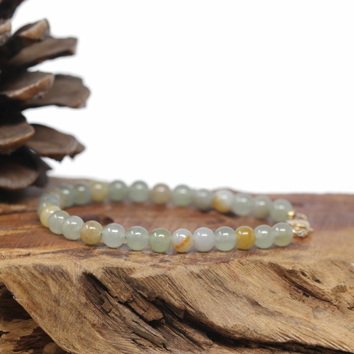 Baikalla Natural Icy Multi-Color Jadeite Jade Round Bead Bracelet W/ 18ky Gold Clasp (6.5mm)