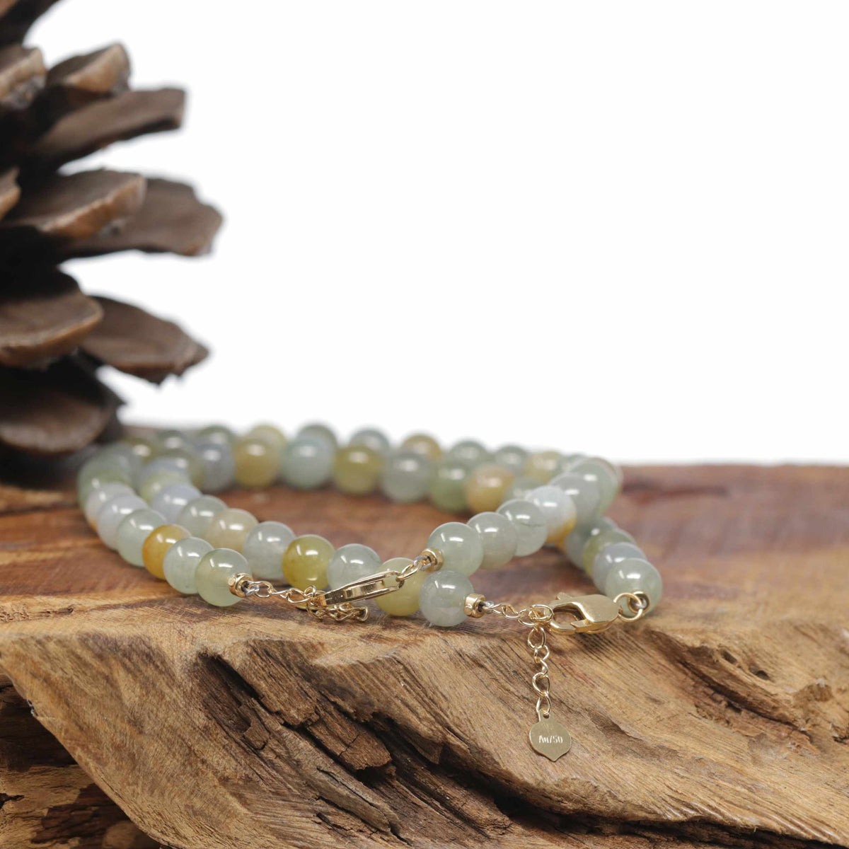 Baikalla Natural Icy Multi-Color Jadeite Jade Round Bead Bracelet W/ 18ky Gold Clasp (6.5mm)