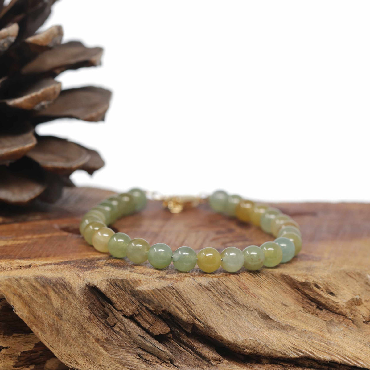 Baikalla Natural Icy Green &amp; Yellow Jadeite Jade Round Bead Bracelet W/ 18ky Gold Clasp (6.5mm)