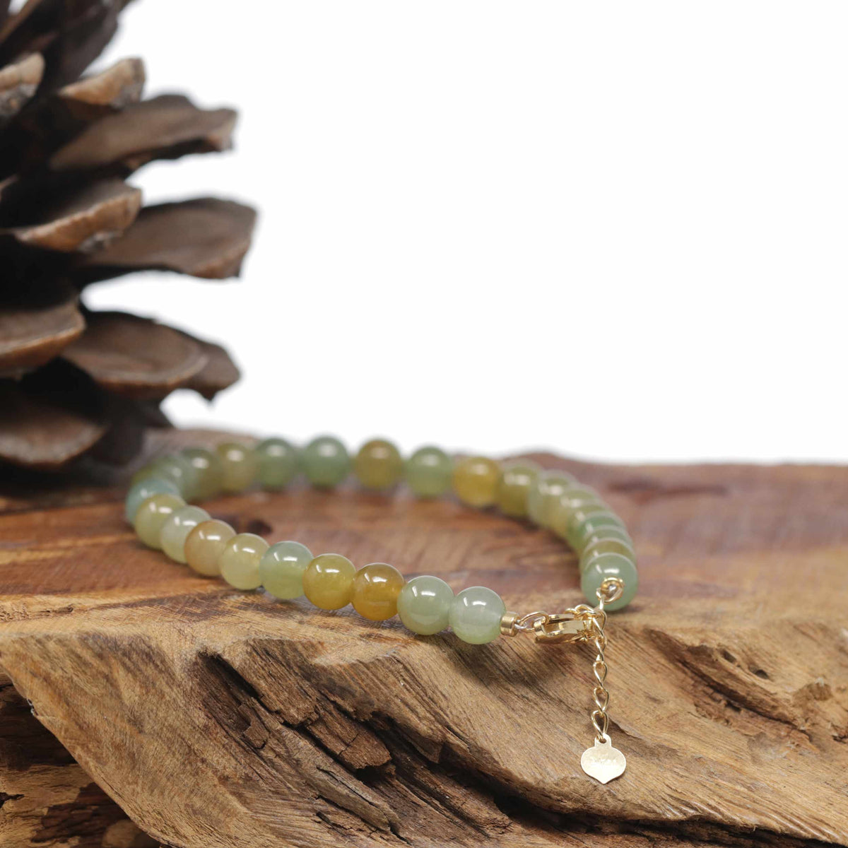 Baikalla Natural Icy Green &amp; Yellow Jadeite Jade Round Bead Bracelet W/ 18ky Gold Clasp (6.5mm)