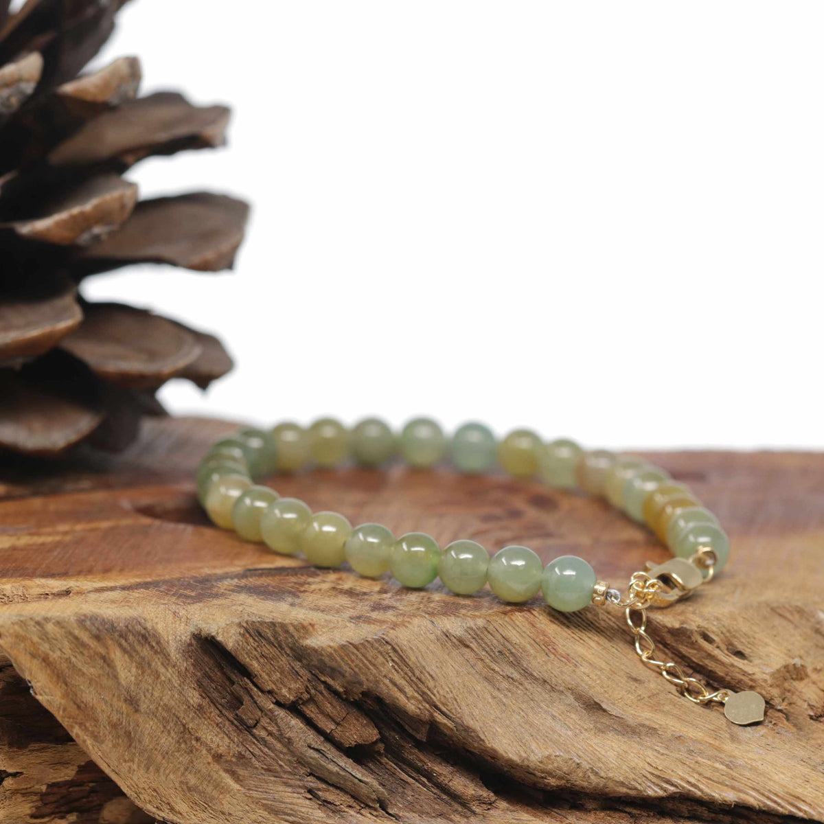 Baikalla Natural Icy Green &amp; Yellow Jadeite Jade Round Bead Bracelet W/ 18ky Gold Clasp (6.5mm)