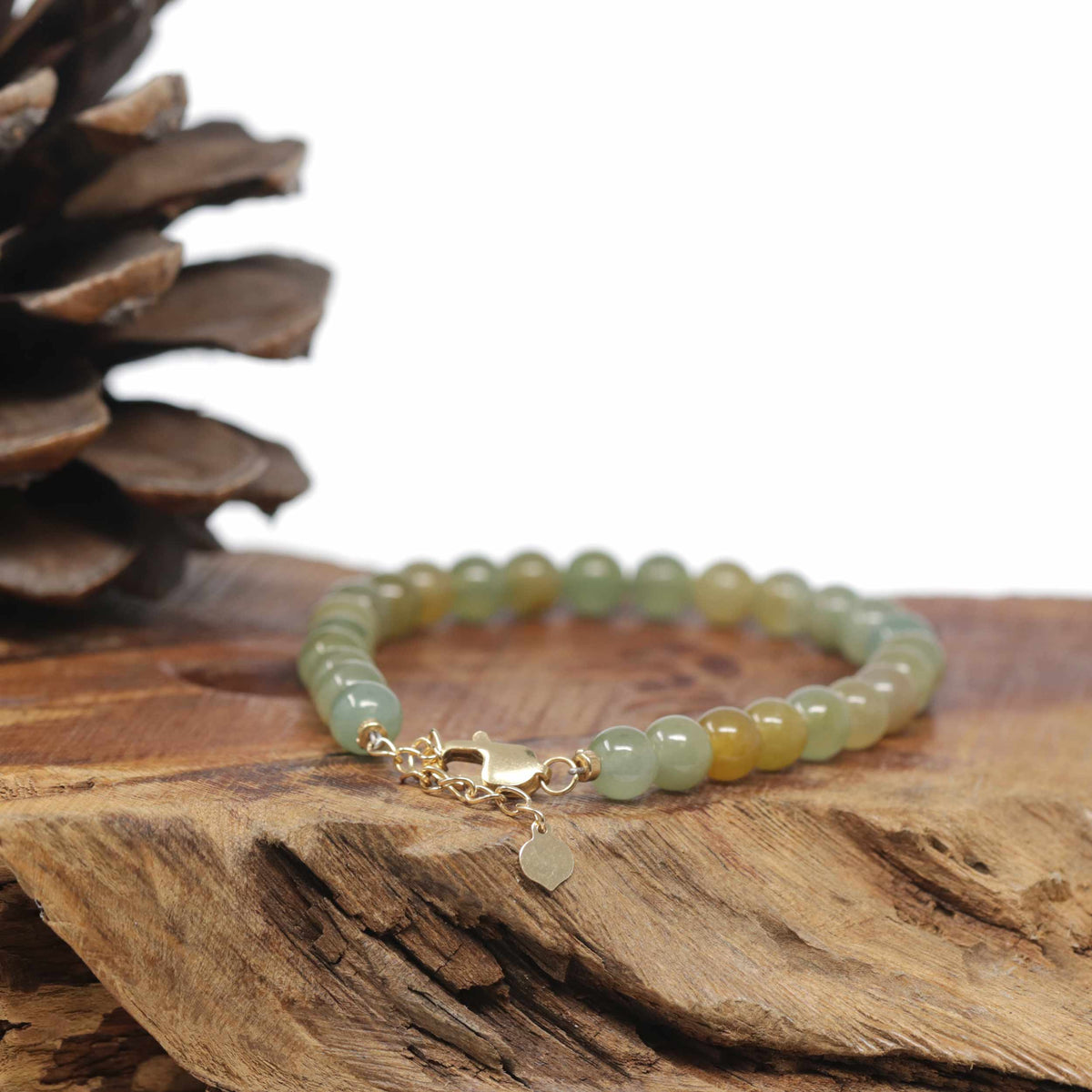Baikalla Natural Icy Green &amp; Yellow Jadeite Jade Round Bead Bracelet W/ 18ky Gold Clasp (6.5mm)