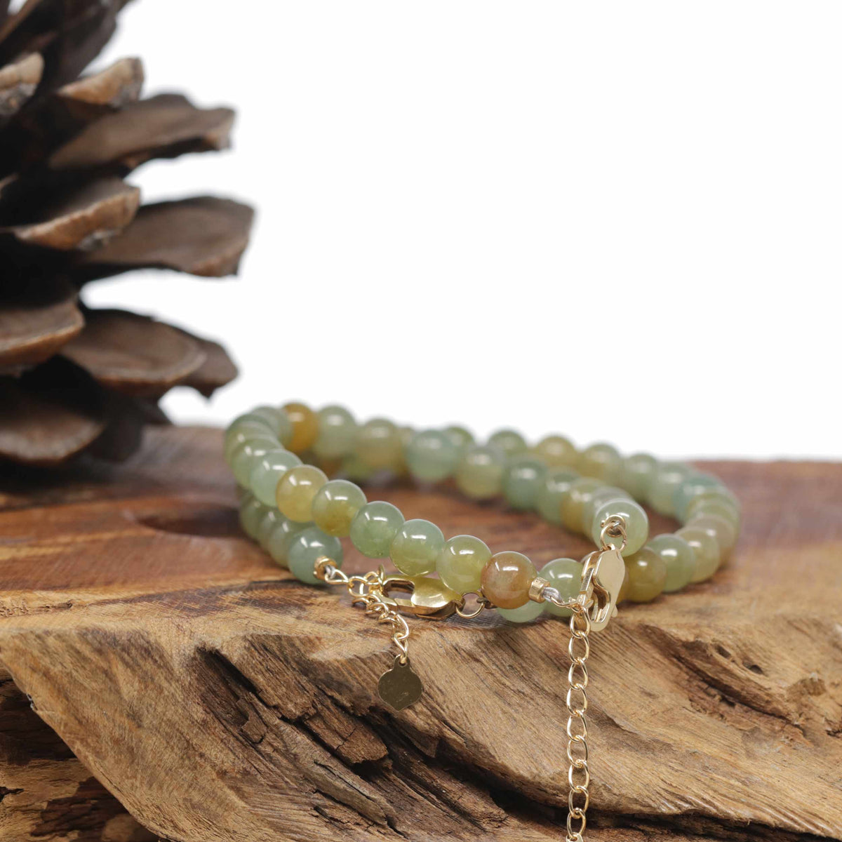 Baikalla Natural Icy Green &amp; Yellow Jadeite Jade Round Bead Bracelet W/ 18ky Gold Clasp (6.5mm)