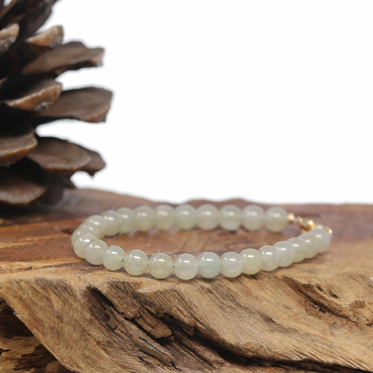 Baikalla Natural Icy Light Yellow-Green Jadeite Jade Round Bead Bracelet W/ 18ky Gold Clasp (6.5mm)