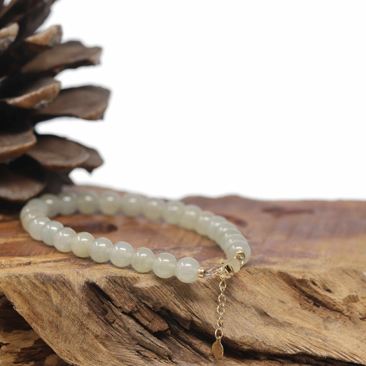 Baikalla Natural Icy Light Yellow-Green Jadeite Jade Round Bead Bracelet W/ 18ky Gold Clasp (6.5mm)