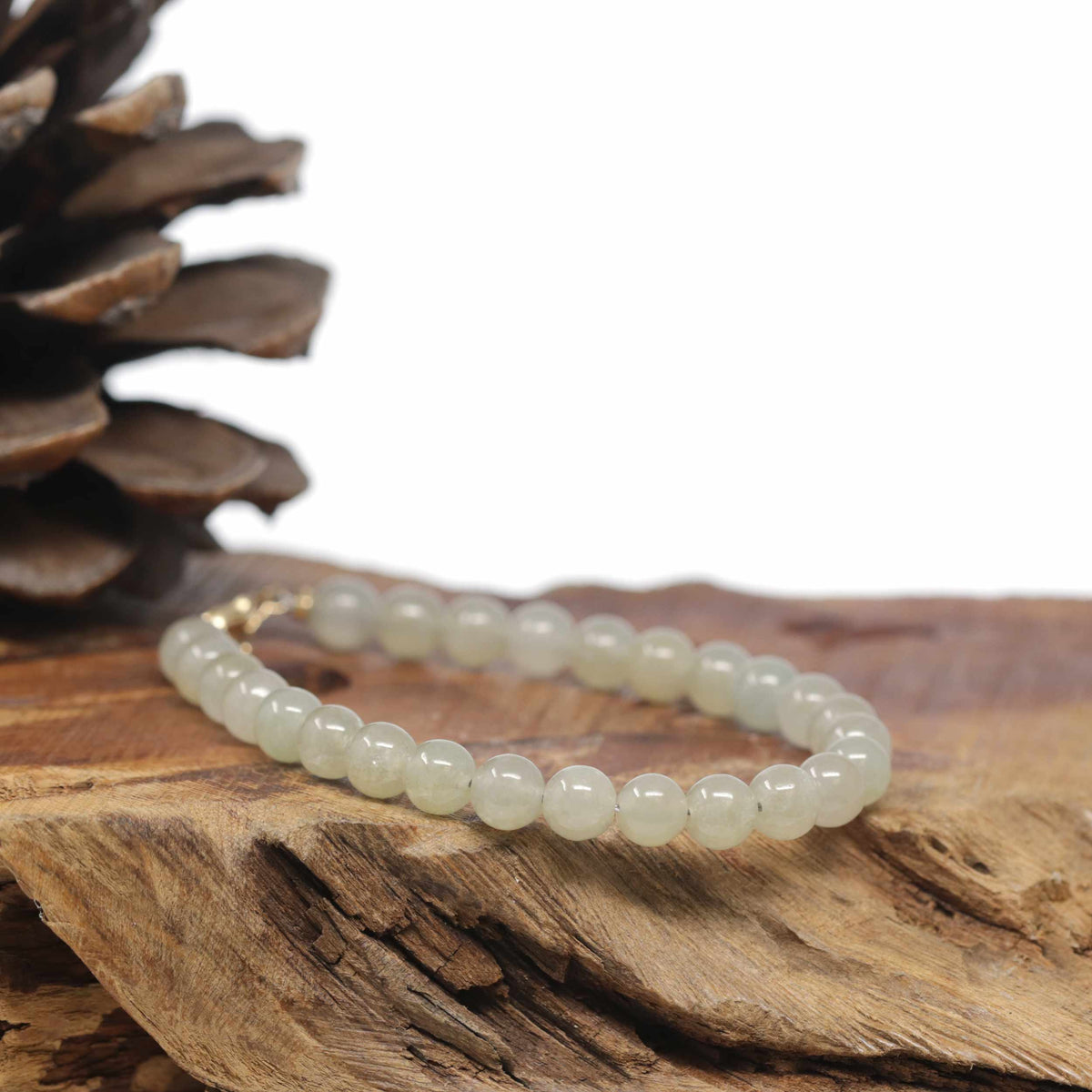 Baikalla Natural Icy Light Yellow-Green Jadeite Jade Round Bead Bracelet W/ 18ky Gold Clasp (6.5mm)