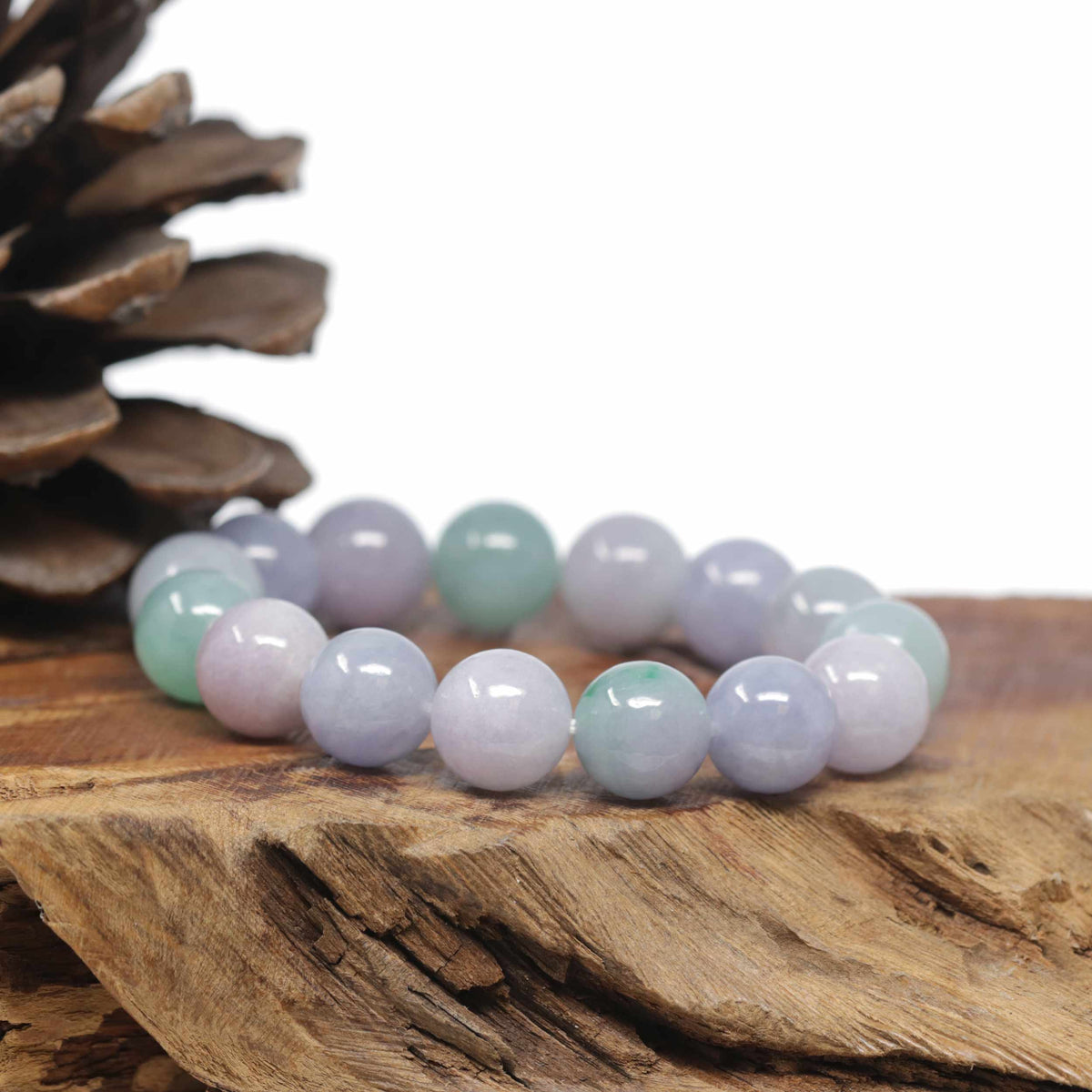 Baikalla Natural Icy Lavender &amp; Green Jadeite Jade Round Bead Bracelet (12.5mm)