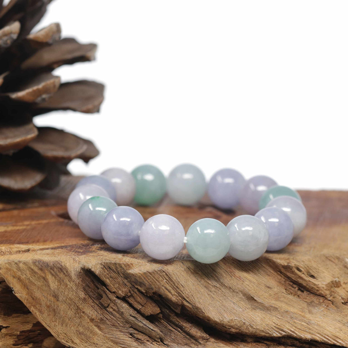 Baikalla Natural Icy Lavender &amp; Green Jadeite Jade Round Bead Bracelet (12.5mm)