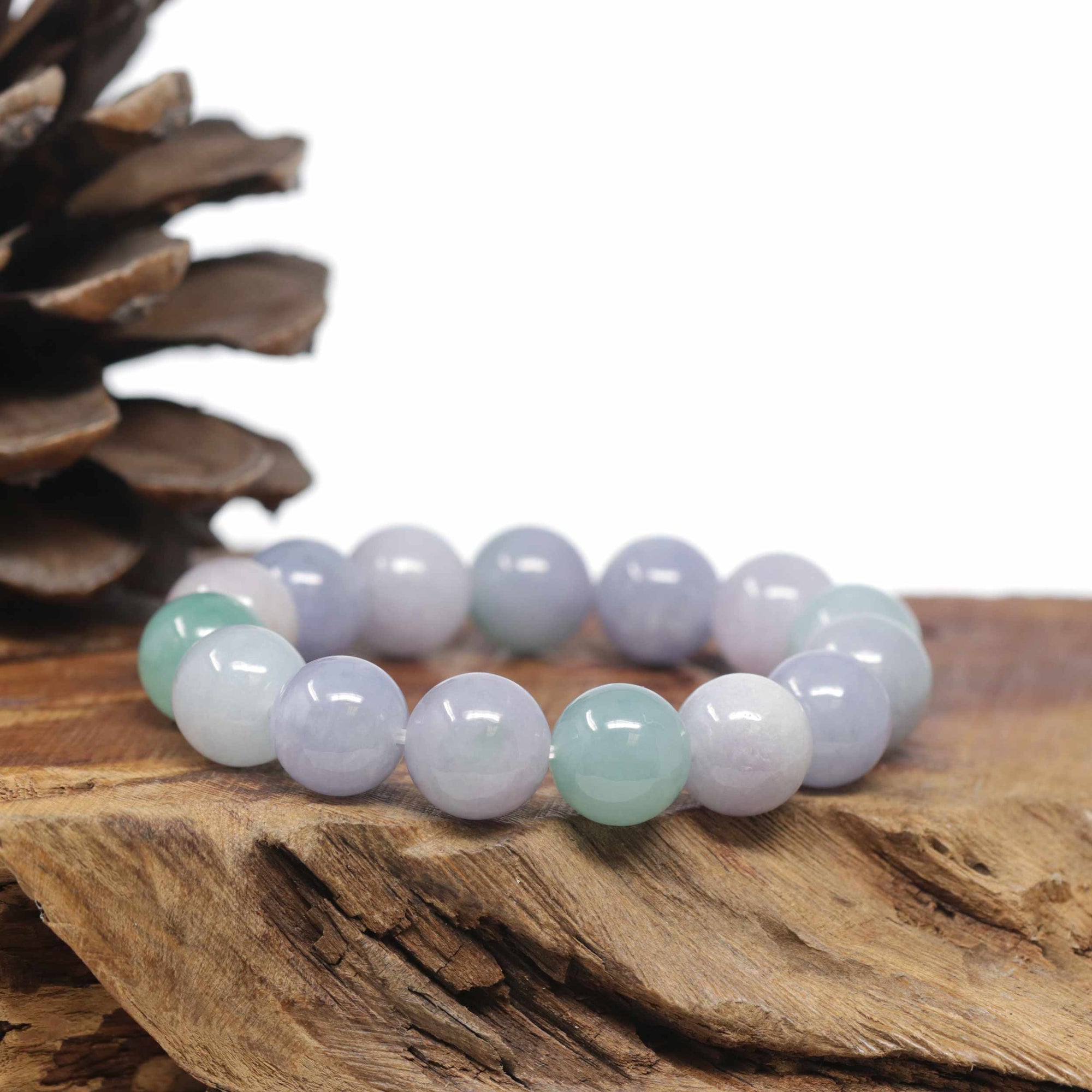 Baikalla Natural Icy Lavender &amp; Green Jadeite Jade Round Bead Bracelet (12.5mm)