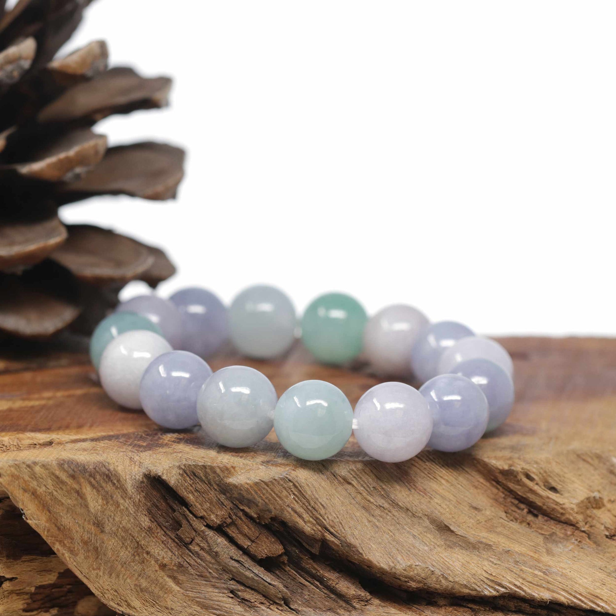 Baikalla Natural Icy Lavender &amp; Green Jadeite Jade Round Bead Bracelet (12.5mm)