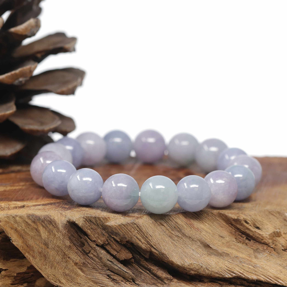 Baikalla Natural Lavender &amp; Light Green Jadeite Jade Round Bead Bracelet (12.5mm)
