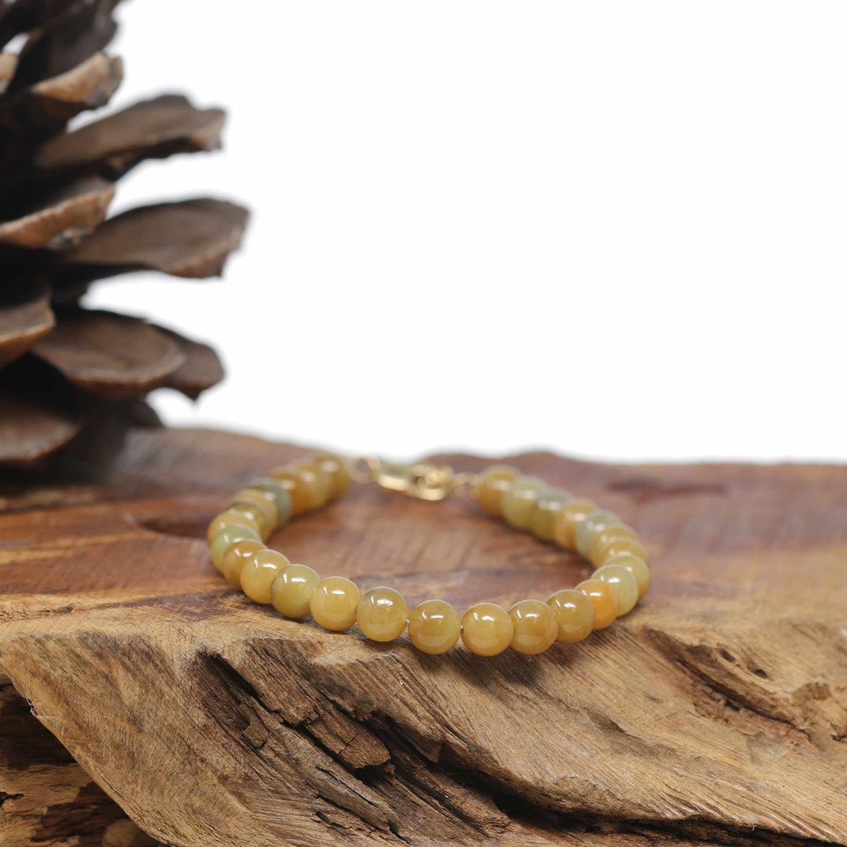 Baikalla Natural Orange-Yellow Jadeite Jade Round Bead Bracelet W/ 18ky Gold Clasp (6mm)