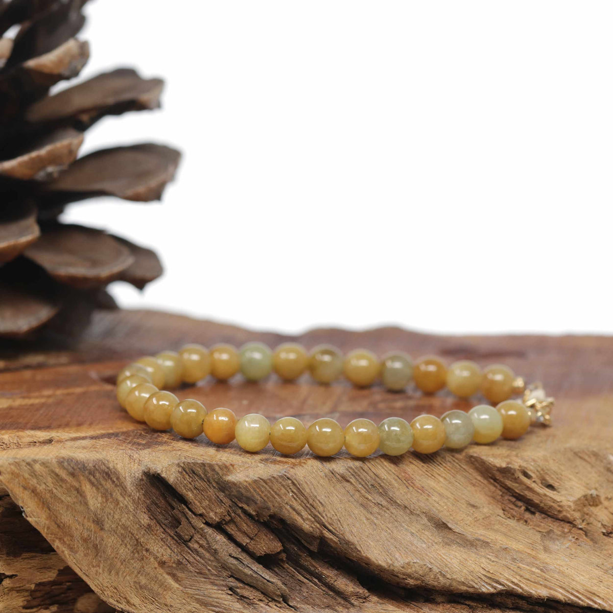 Baikalla Natural Orange-Yellow Jadeite Jade Round Bead Bracelet W/ 18ky Gold Clasp (6mm)
