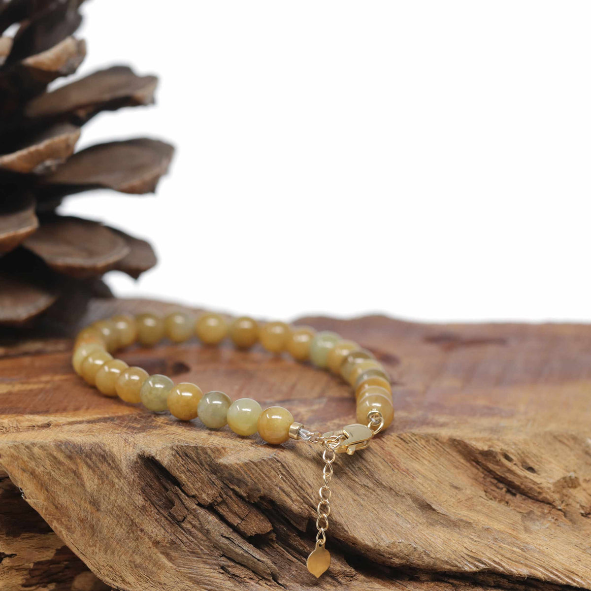 Baikalla Natural Orange-Yellow Jadeite Jade Round Bead Bracelet W/ 18ky Gold Clasp (6mm)