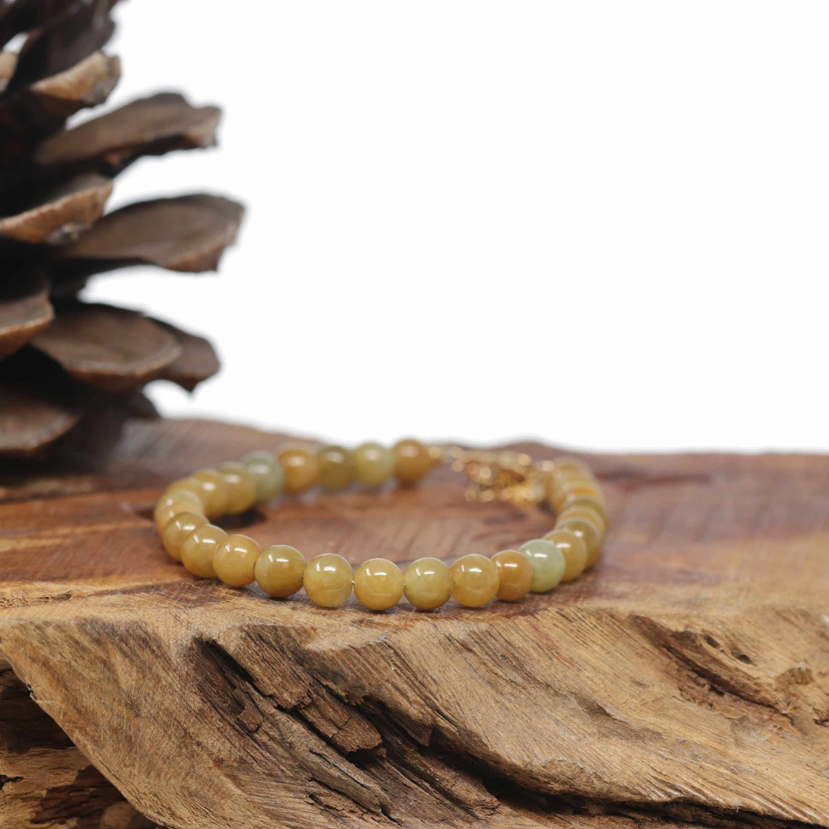 Baikalla Natural Orange-Yellow Jadeite Jade Round Bead Bracelet W/ 18ky Gold Clasp (6mm)
