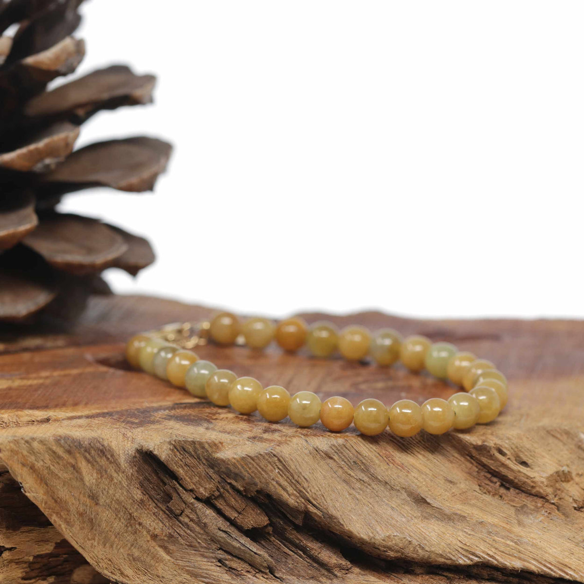 Baikalla Natural Orange-Yellow Jadeite Jade Round Bead Bracelet W/ 18ky Gold Clasp (6mm)