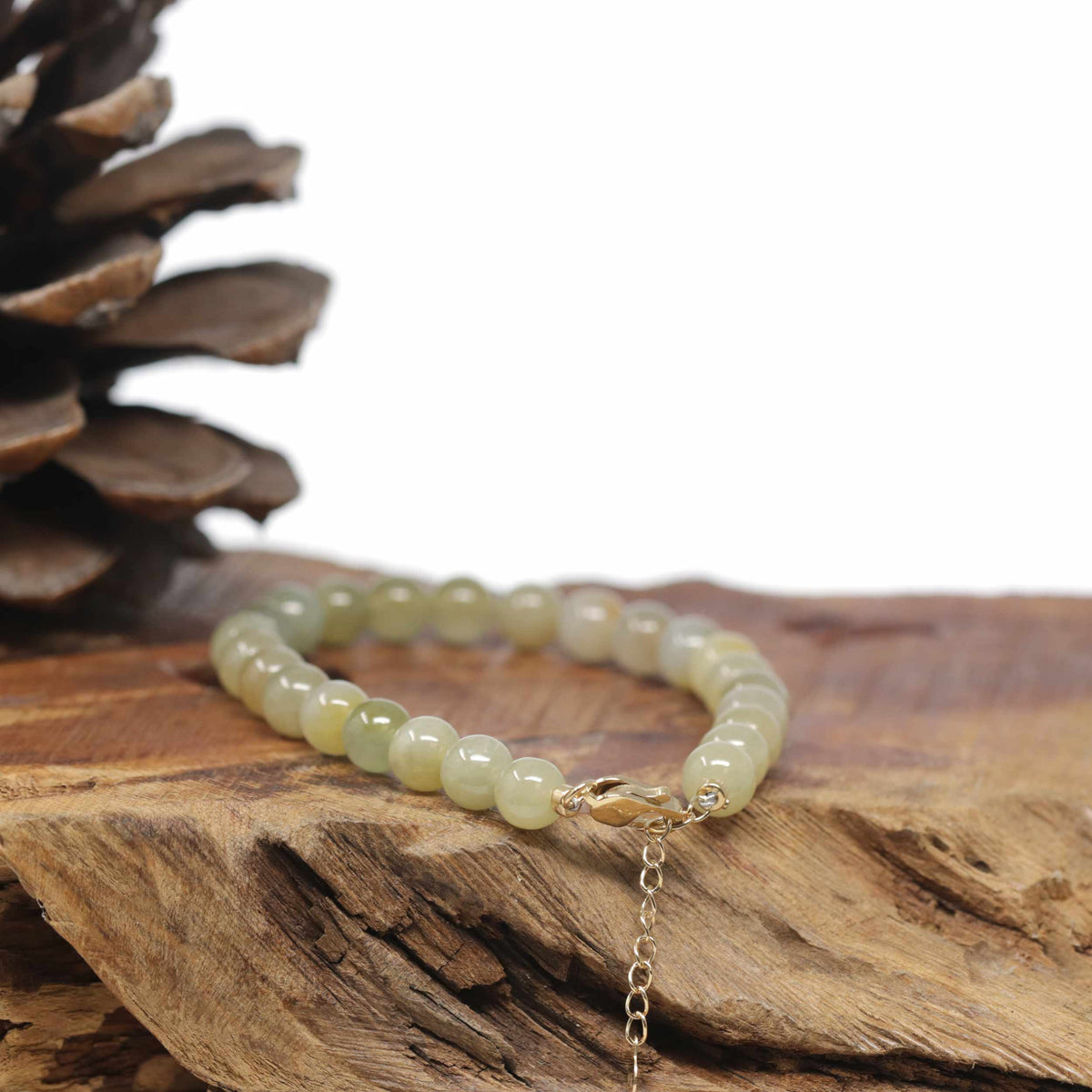 Baikalla Natural Icy Light Yellow-Green Jadeite Jade Round Bead Bracelet W/ 18ky Gold Clasp (6.5mm)