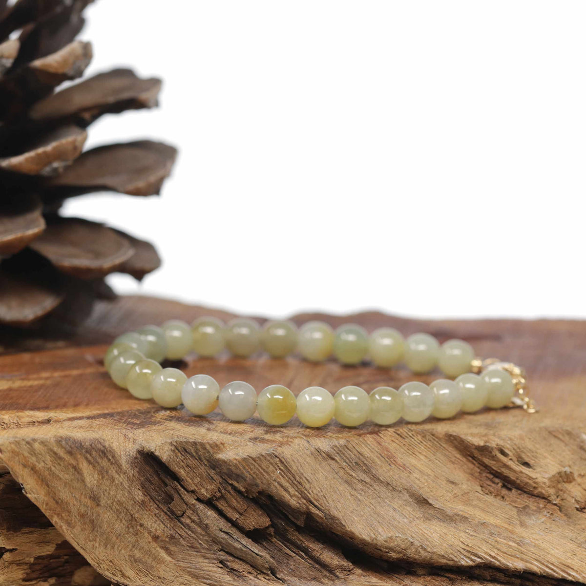Baikalla Natural Icy Light Yellow-Green Jadeite Jade Round Bead Bracelet W/ 18ky Gold Clasp (6.5mm)