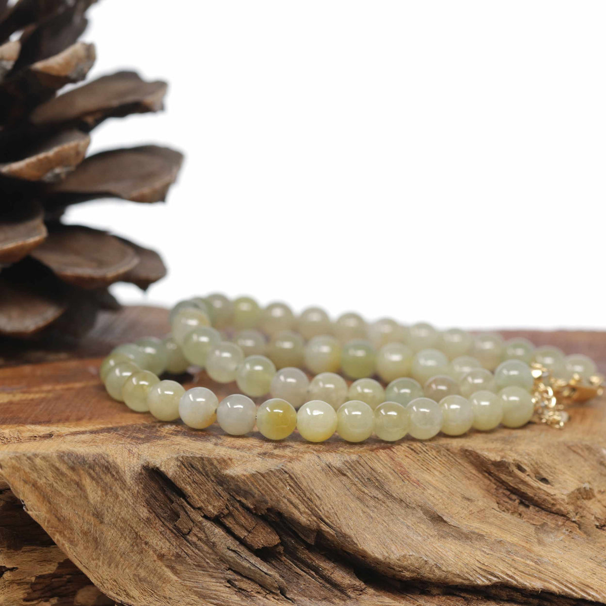 Baikalla Natural Icy Light Yellow-Green Jadeite Jade Round Bead Bracelet W/ 18ky Gold Clasp (6.5mm)