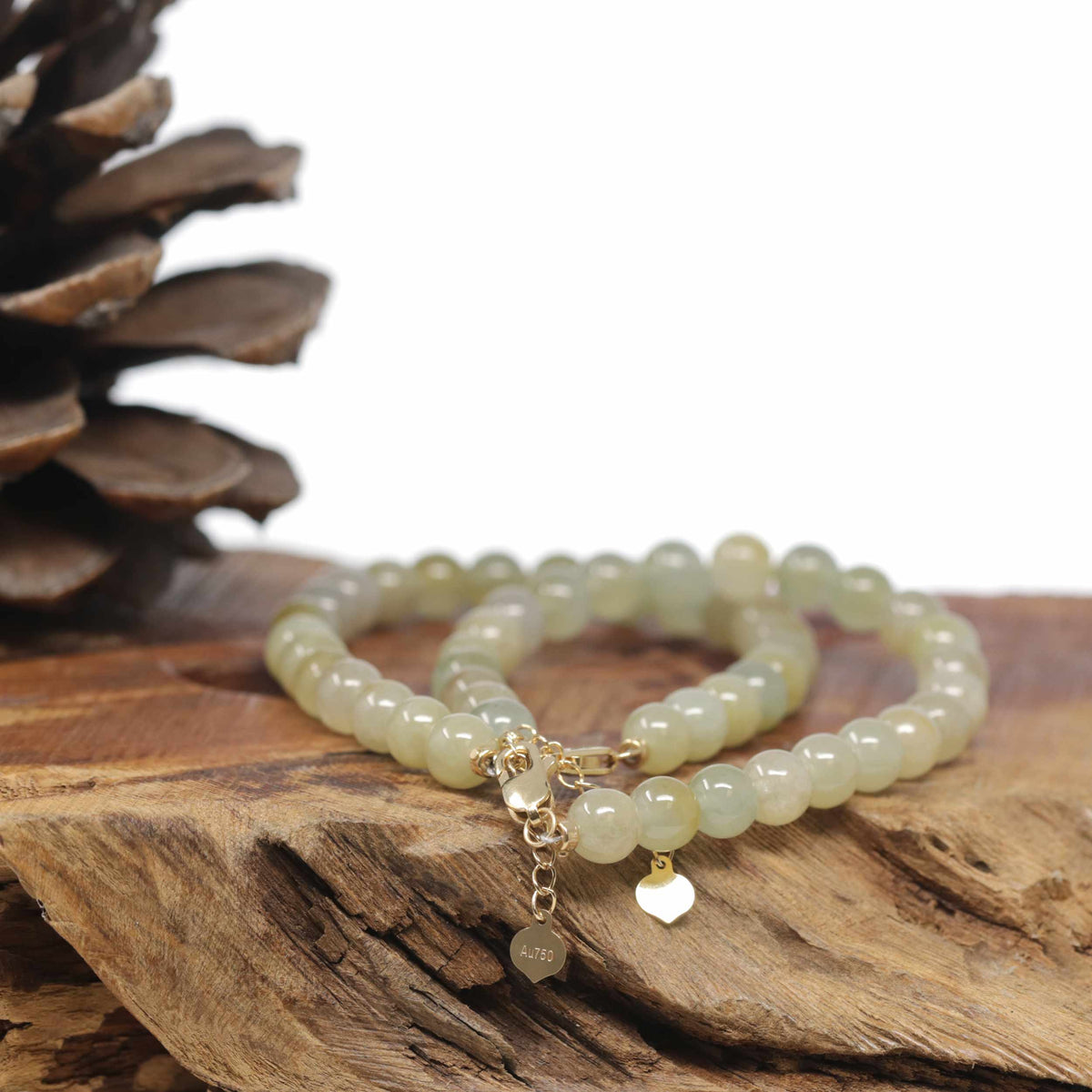 Baikalla Natural Icy Light Yellow-Green Jadeite Jade Round Bead Bracelet W/ 18ky Gold Clasp (6.5mm)