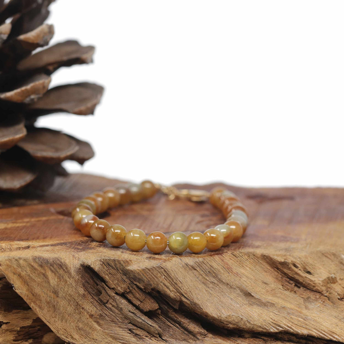 Baikalla Natural Red-Orange Jadeite Jade Round Bead Bracelet W/ 18ky Gold Clasp (6mm)