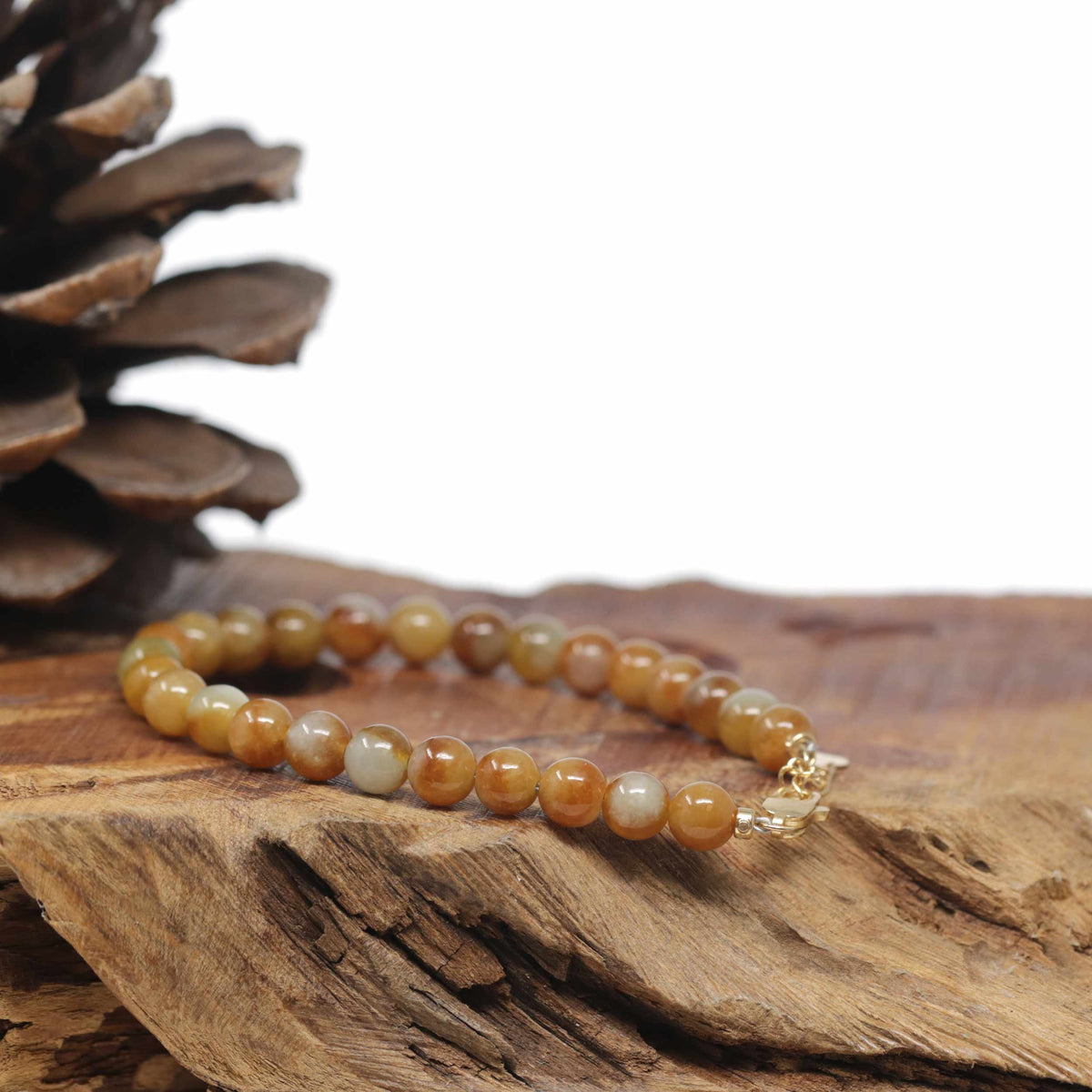 Baikalla Natural Red-Orange Jadeite Jade Round Bead Bracelet W/ 18ky Gold Clasp (6mm)